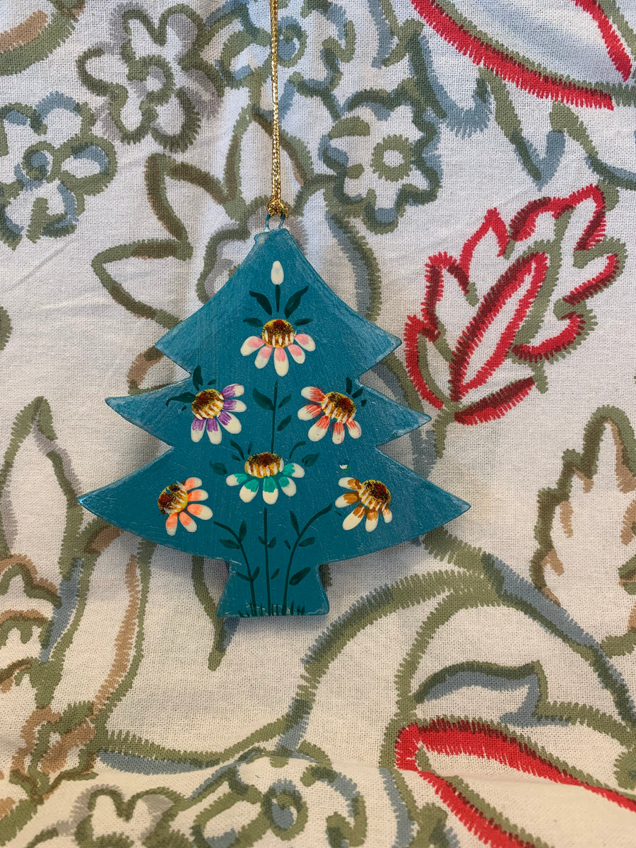 Hand Painted Wooden Large Christmas Tree Decoration - Daisy Flower Design – Fair Trade Kashmiri Christmas Ornament