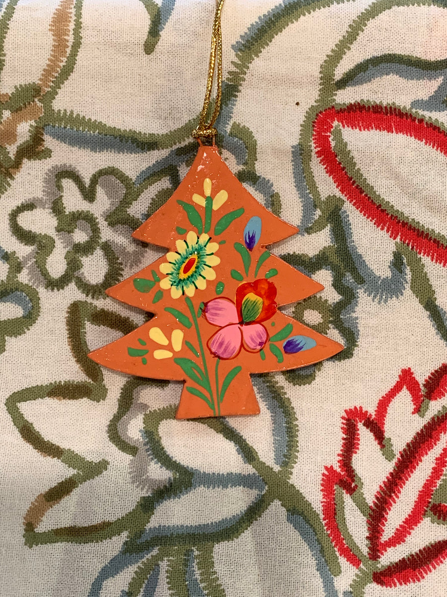 Hand Painted Wooden Small Christmas Tree Decoration - Vintage Garden Flower Design – Fair Trade Kashmiri Christmas Ornament