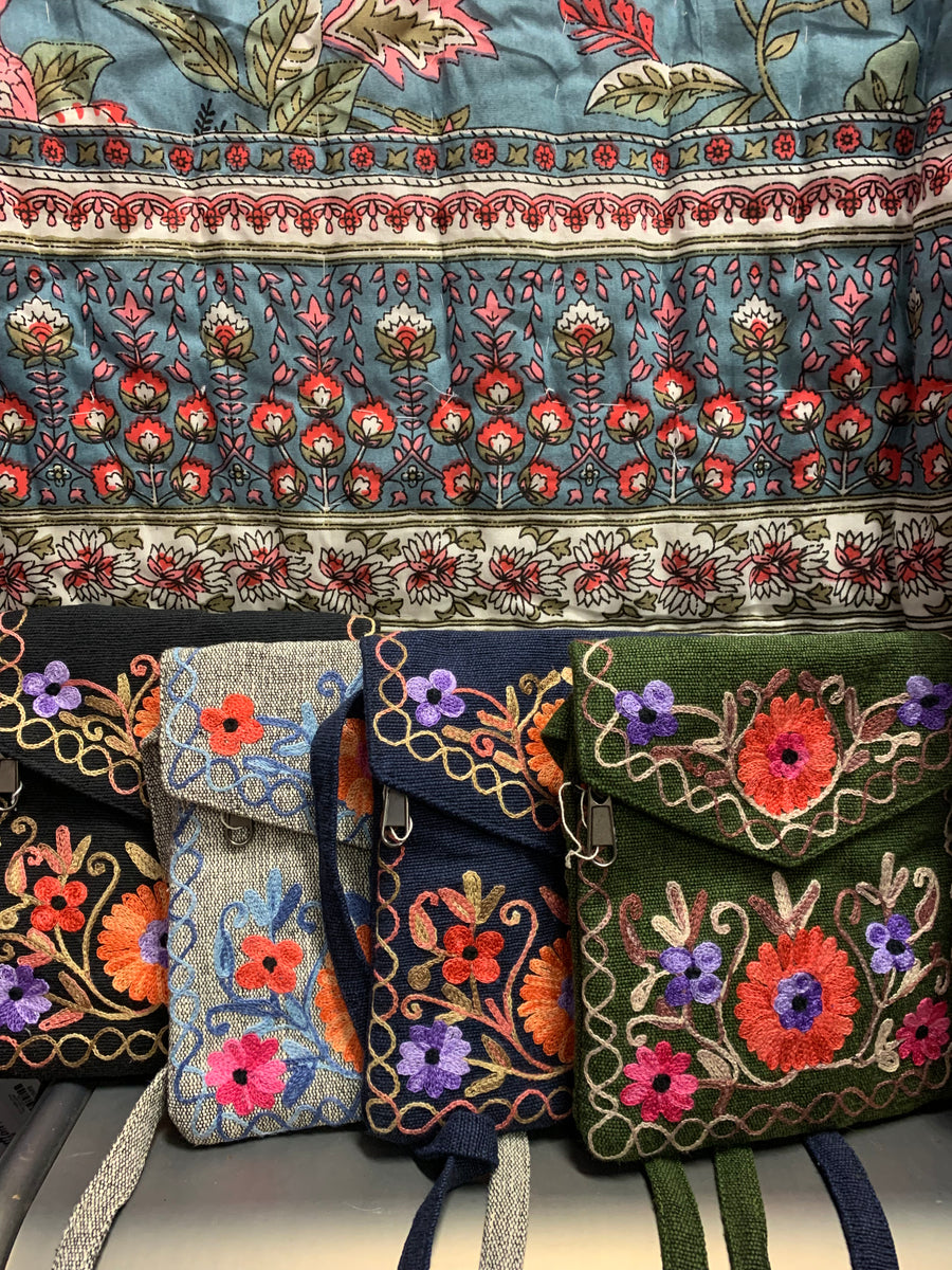Embroidered Flower Cross Body Bag - Passport Flap Bag (Empowering Local Women  -Nepal)