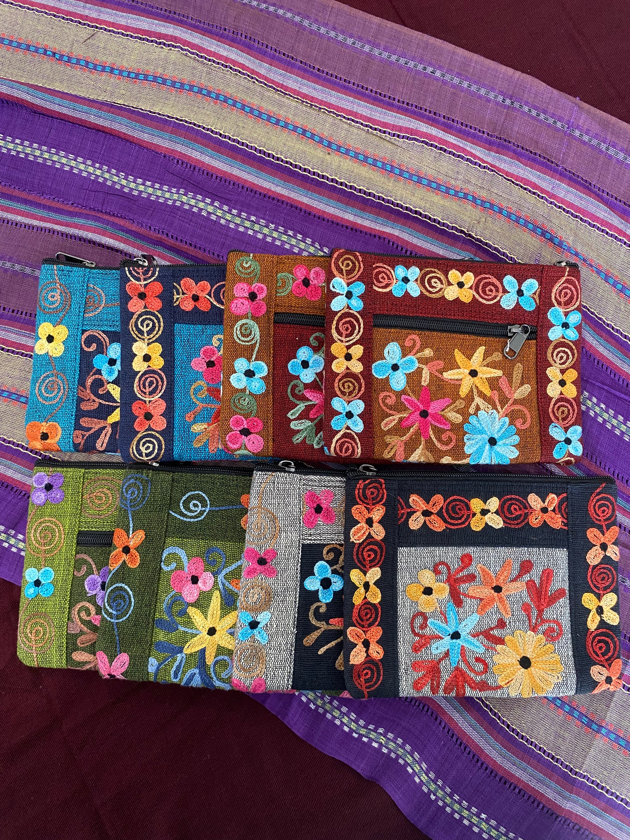 Embroidered 2 zip cotton purse, with pocket   (Empowering Local Women -Nepal)