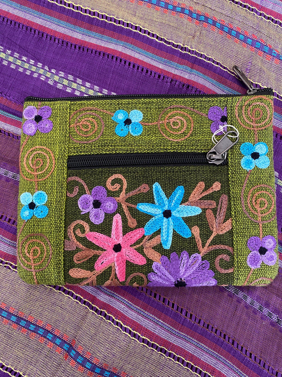 Embroidered 2 zip cotton purse, with pocket   (Empowering Local Women -Nepal)