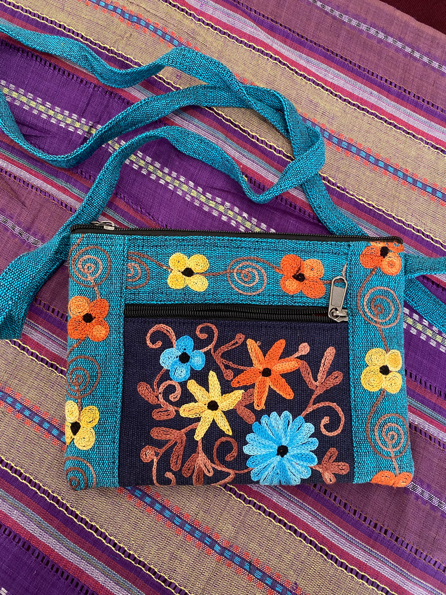 Flower Embroidered Crossbody Purse – Fair Trade Three-Zip Shoulder Bag(Empowering Local Women -Nepal)