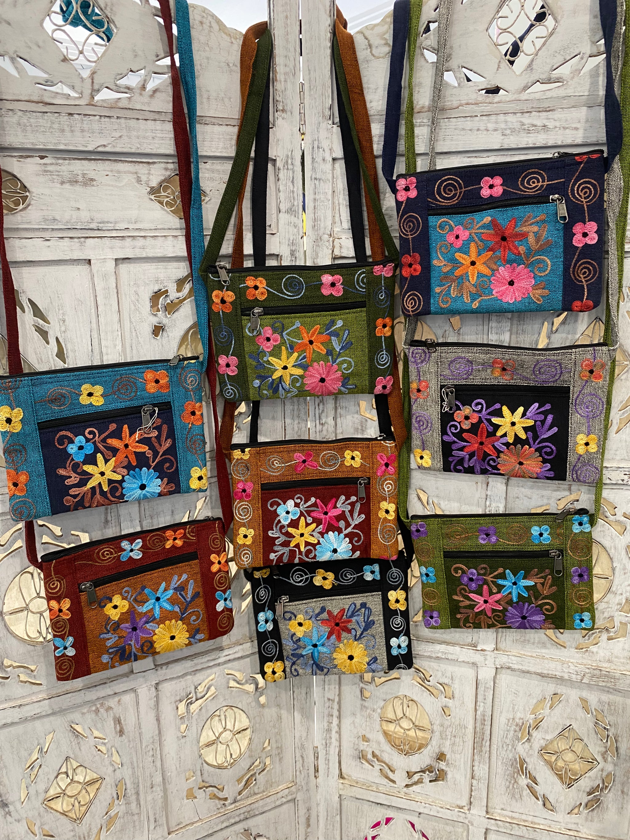Flower Embroidered Crossbody Purse – Fair Trade Three-Zip Shoulder Bag(Empowering Local Women -Nepal)