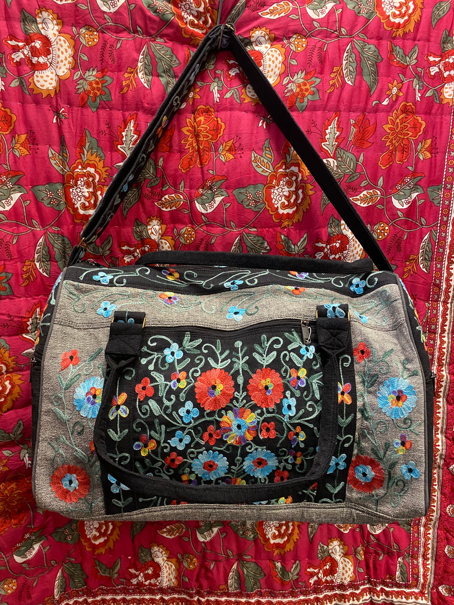 Large Embroidered Duffel - Travel Bag Black Grey (Empowering Local Women  -Nepal)