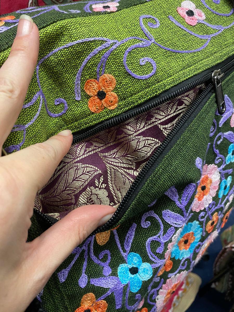 Large Embroidered Duffel - Travel Bag Dark Green Light Green (Empowering Local Women  -Nepal)