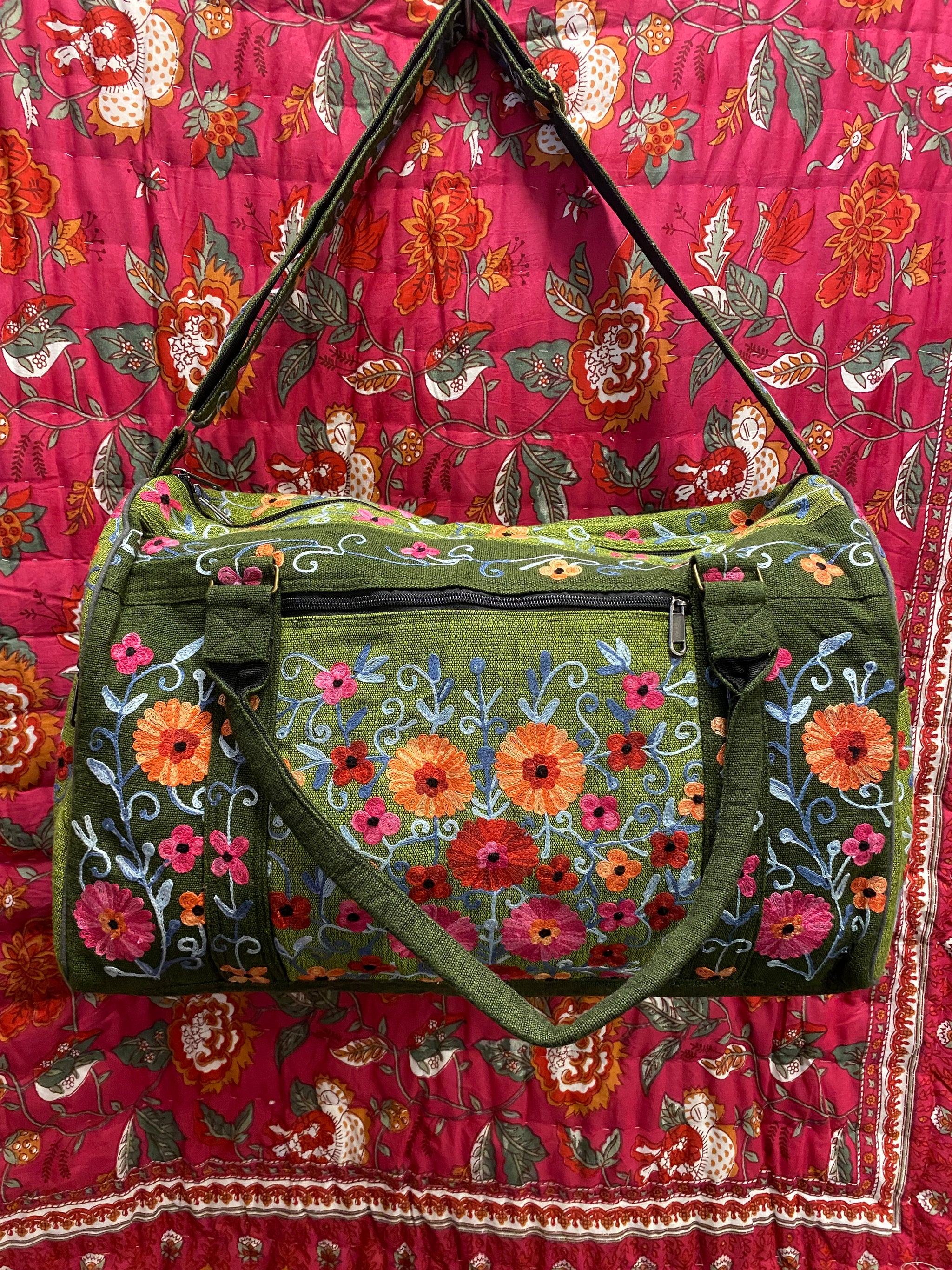 Large Embroidered Duffel - Travel Bag Light Green Dark Green (Empowering Local Women  -Nepal)