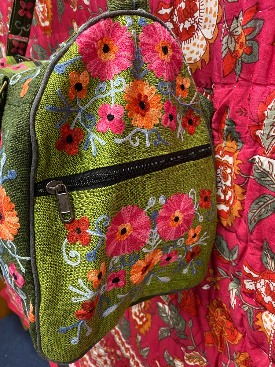 Large Embroidered Duffel - Travel Bag Light Green Dark Green (Empowering Local Women  -Nepal)