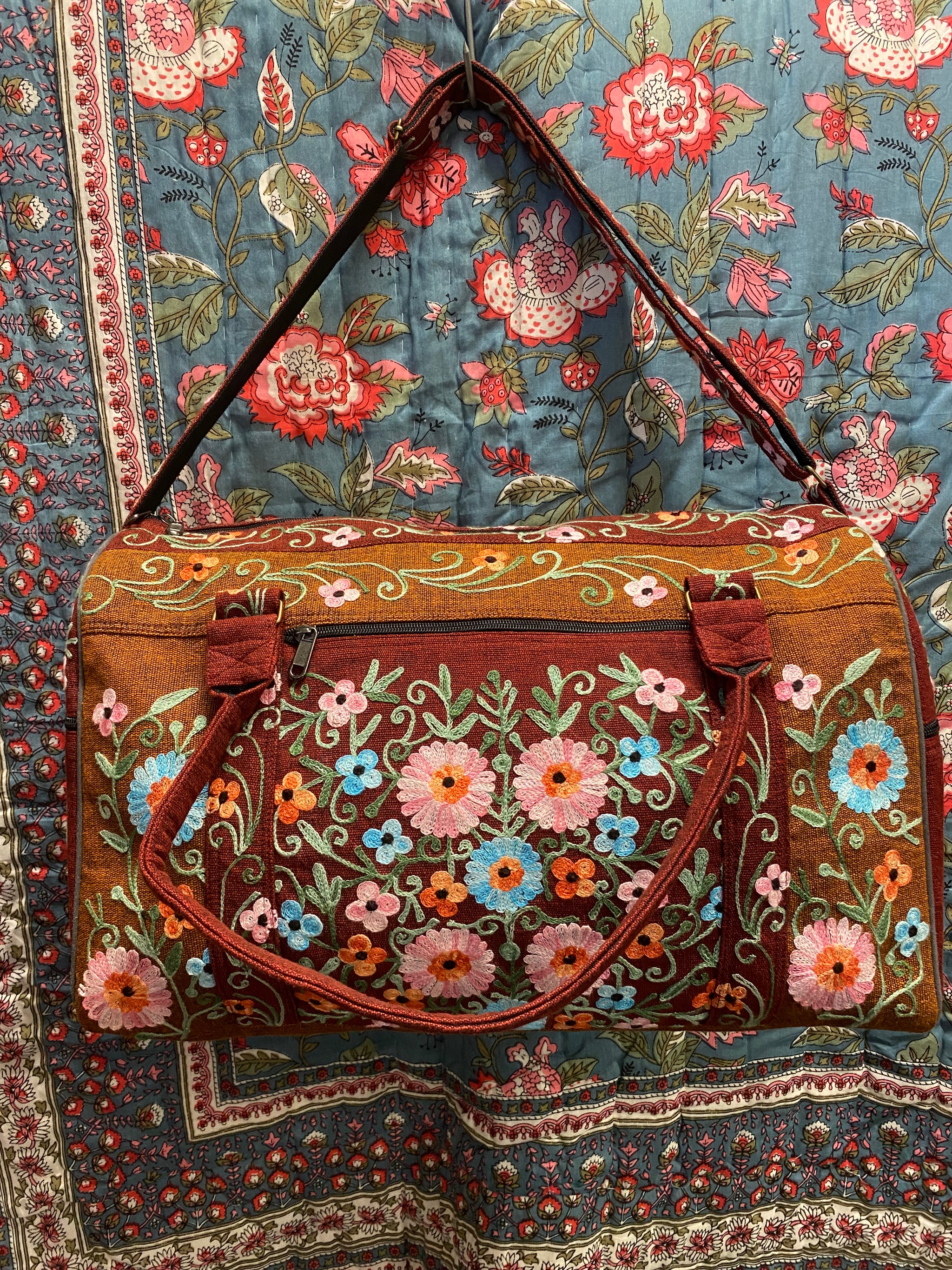 Large Embroidered Duffel - Travel Bag Maroon Orange (Empowering Local Women  -Nepal)