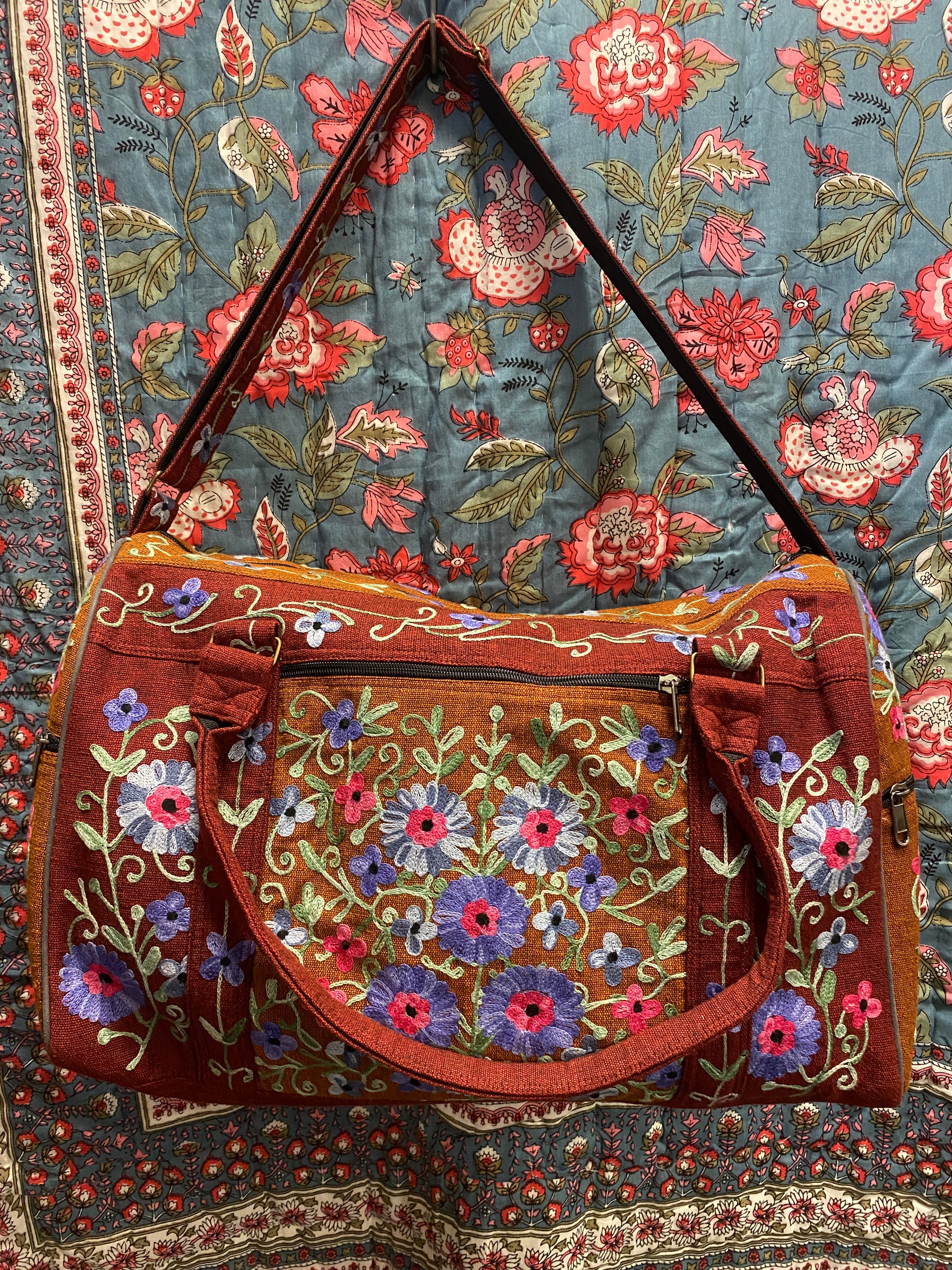 Large Embroidered Duffel - Travel Bag Orange Maroon (Empowering Local Women  -Nepal)