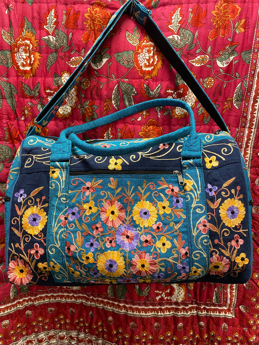Large Embroidered Duffel - Travel Bag Turquoise Dark Blue (Empowering Local Women  -Nepal)