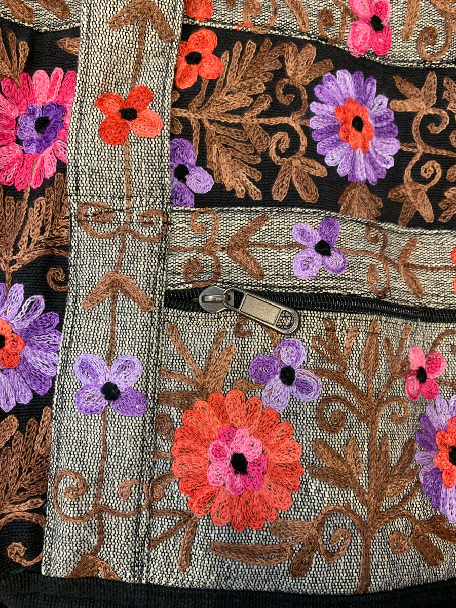 Small Embroidered Duffel - Travel Bag Grey Black (Empowering Local Women - Nepal)