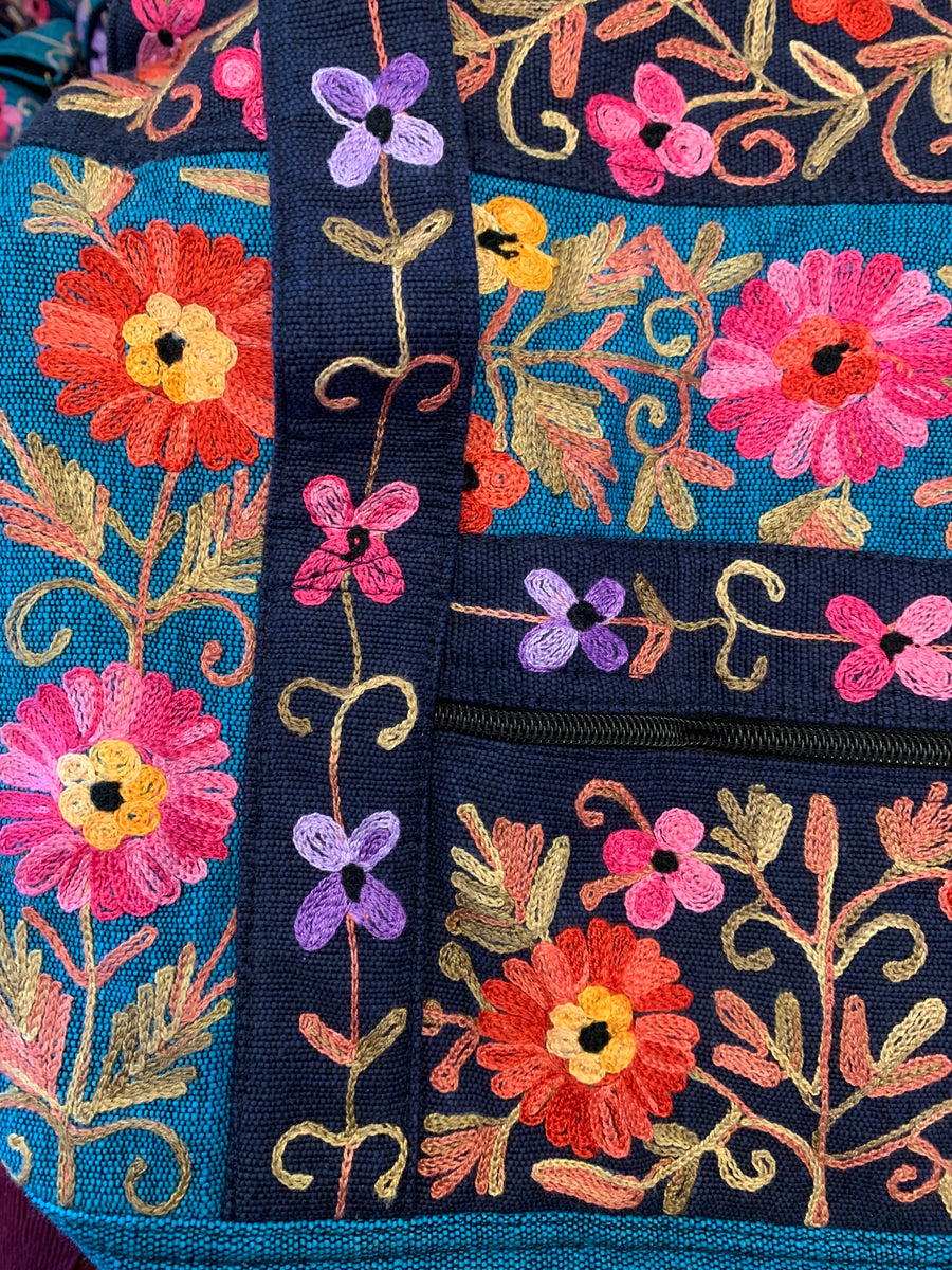 Small Embroidered Duffel - Travel Bag Dark Blue Turquoise (Empowering Local Women - Nepal)