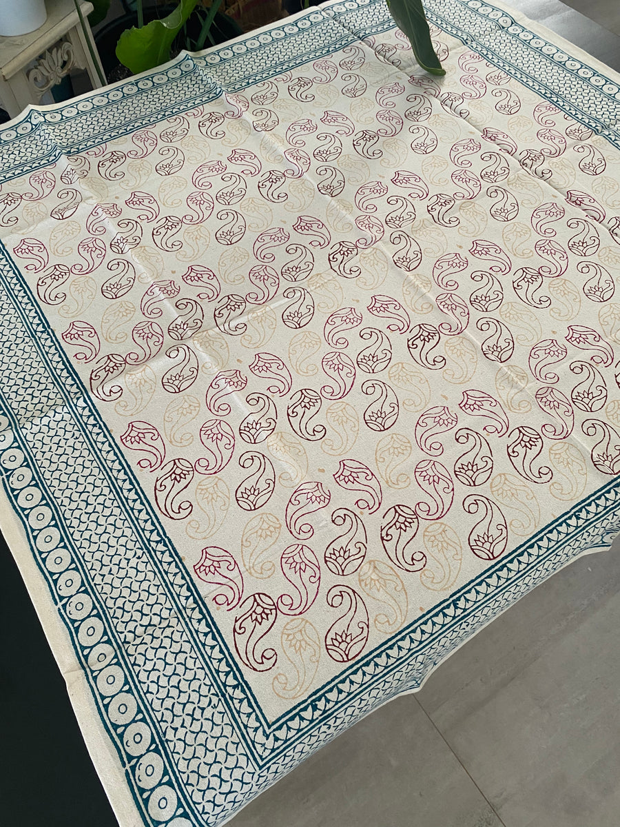 Meadow Bloom Paisley Tablecloth – 100cm square Handwoven Cotton – Fair Trade (Sasha India)