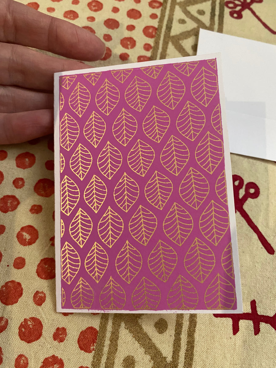 Golden Leaf on Pink – Screen Printed Gift Card – Fair Trade (Silence, Kolkata)