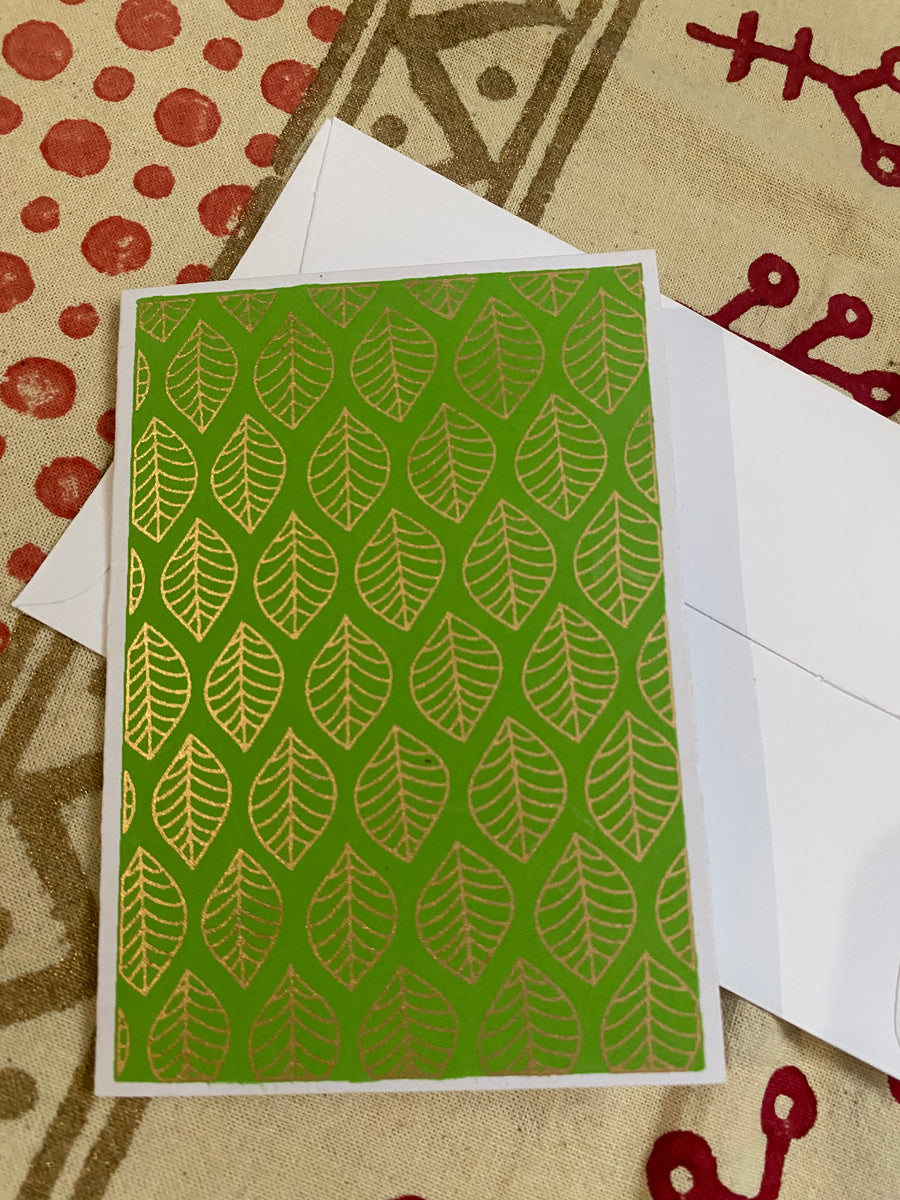 Golden Leaf on Green – Screen Printed Gift Card – Fair Trade (Silence, Kolkata)