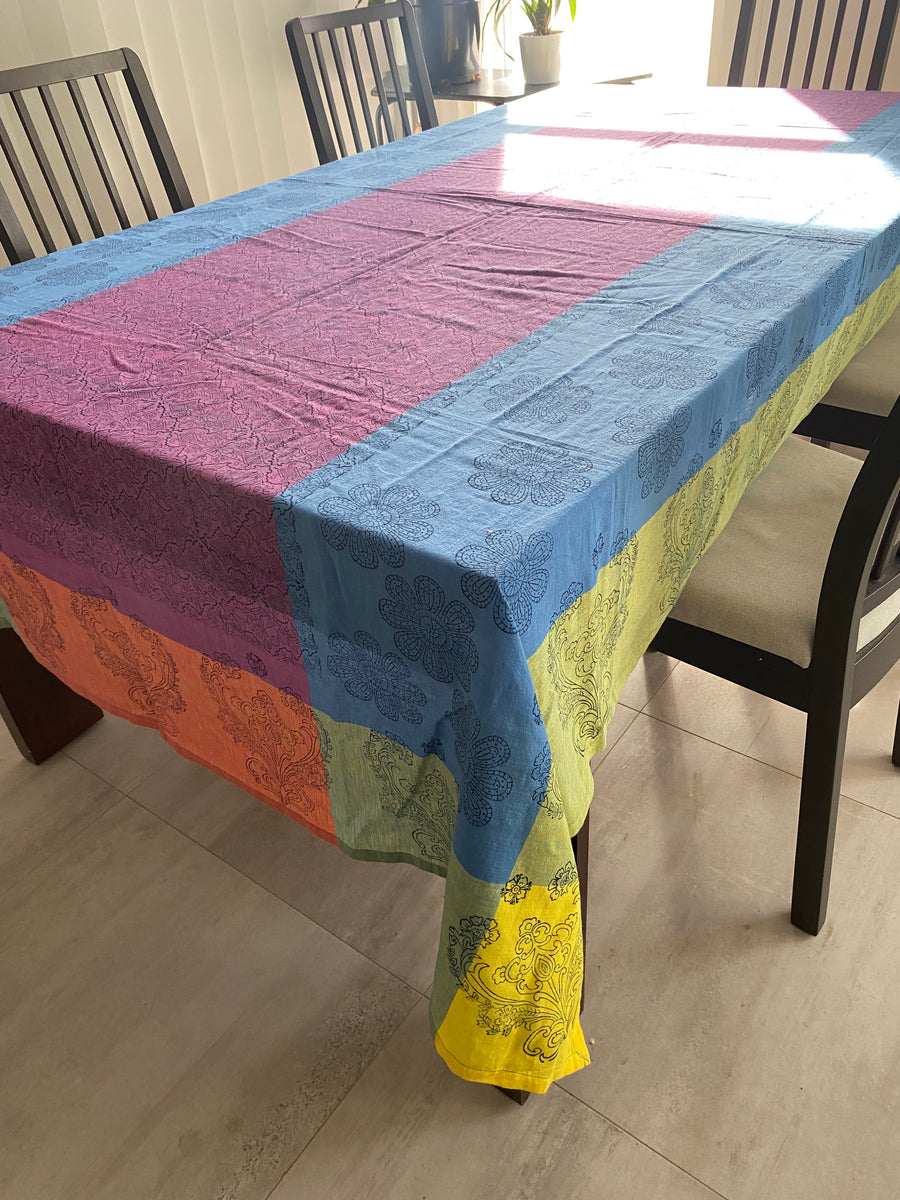 Rainbow Floral Block Printed Tablecloth – 100% Cotton, 6–8 Seater – Fair Trade (Sasha India)