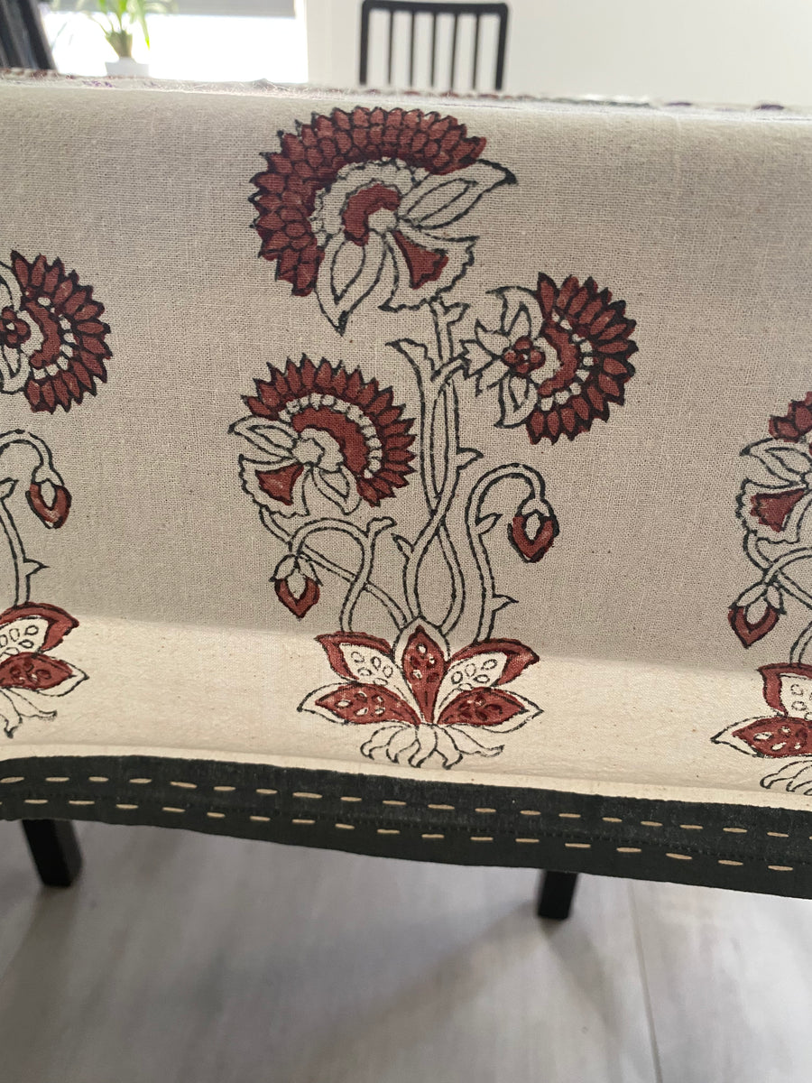 Purple and Brown Floral Block Printed Tablecloth with Hand-Stitched Borders – 100% Cotton, 6–8 Seater – Fair Trade (Sasha India)