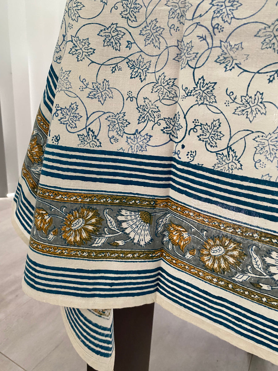 Blue Leaf and Yellow Bloom Block Printed Tablecloth – 100% Cotton, 6–8 Seater – Fair Trade (Sasha India)