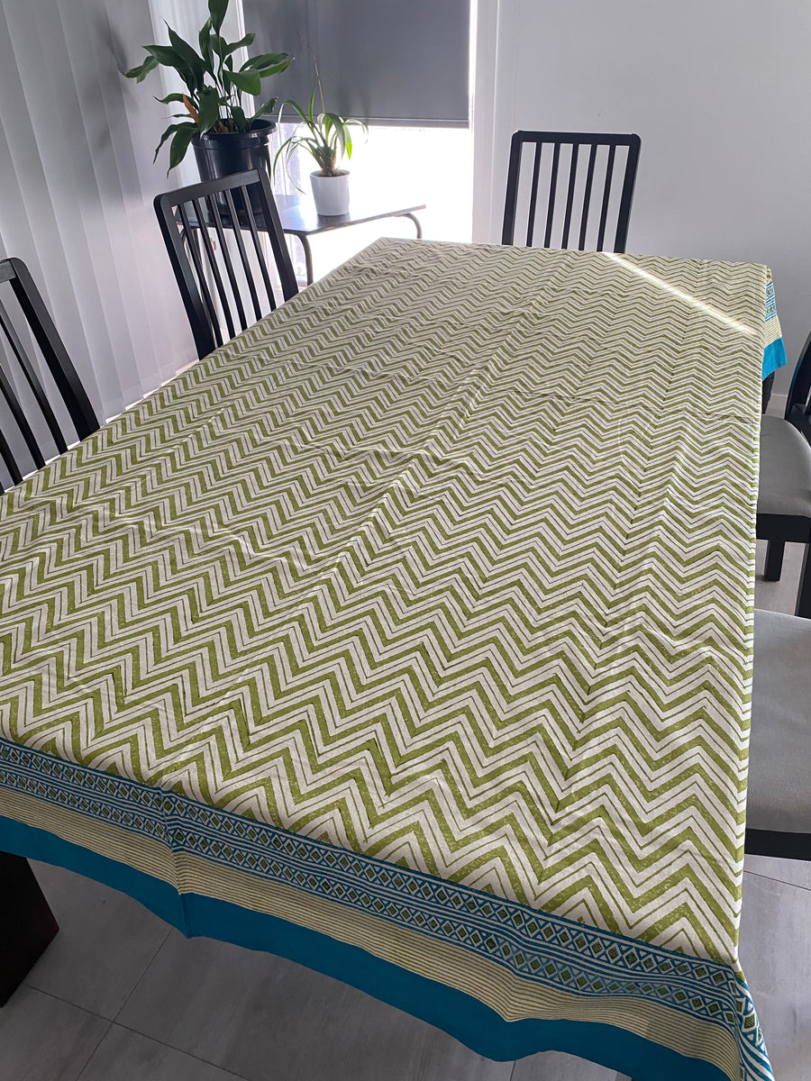 Geometric Green and Blue Block Printed Tablecloth – 100% Cotton, 6–8 Seater – Fair Trade (Sasha India