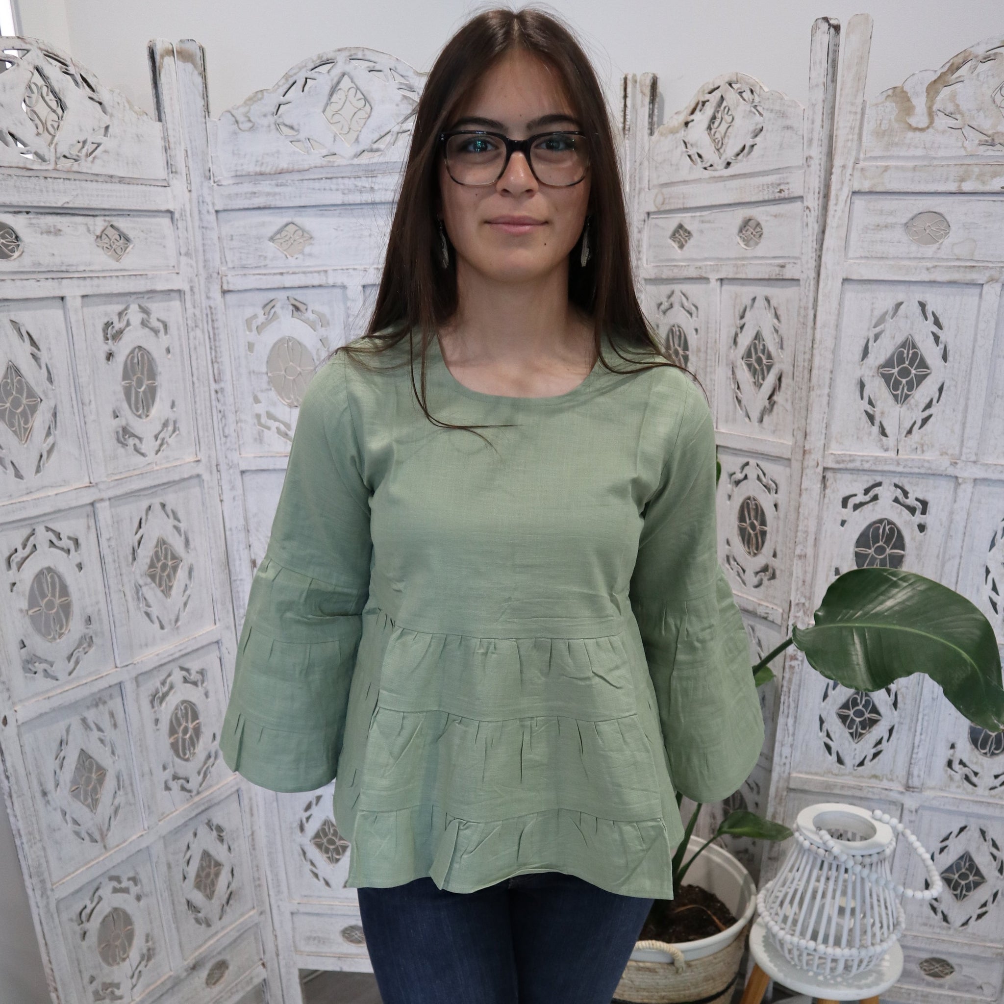 Fair Trade Linen Bell Sleeve Tiered Top - Olive