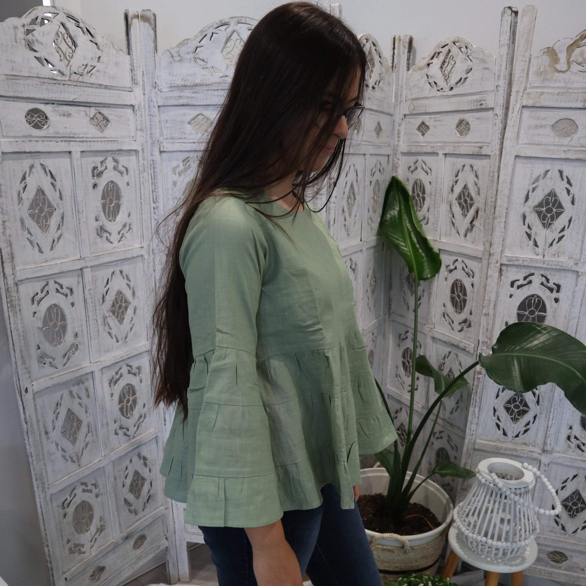Fair Trade Linen Bell Sleeve Tiered Top - Olive