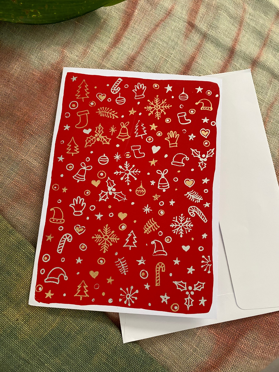 Festive Treasures – Fair Trade, Screen Printed, Red Christmas Icons Card (Silence India)