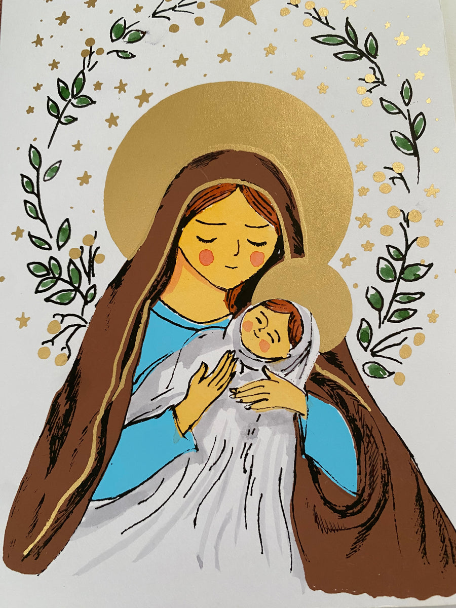 Christmas Card with illustration of a woman , Mary, holding a baby, surrounded by stars and leaves on a textured fabric background.