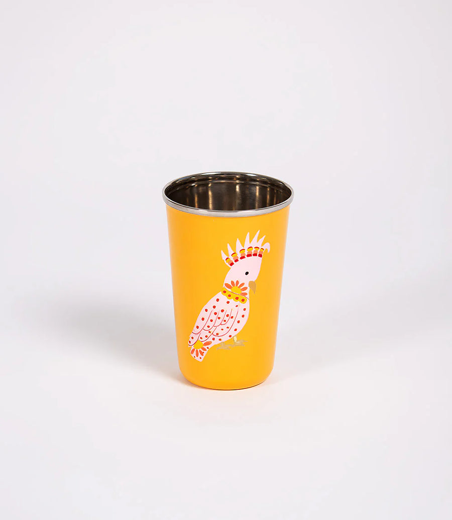 Pink Cockatoo Steel Cup – Hand Painted Fair Trade Beverage Tumbler (India)