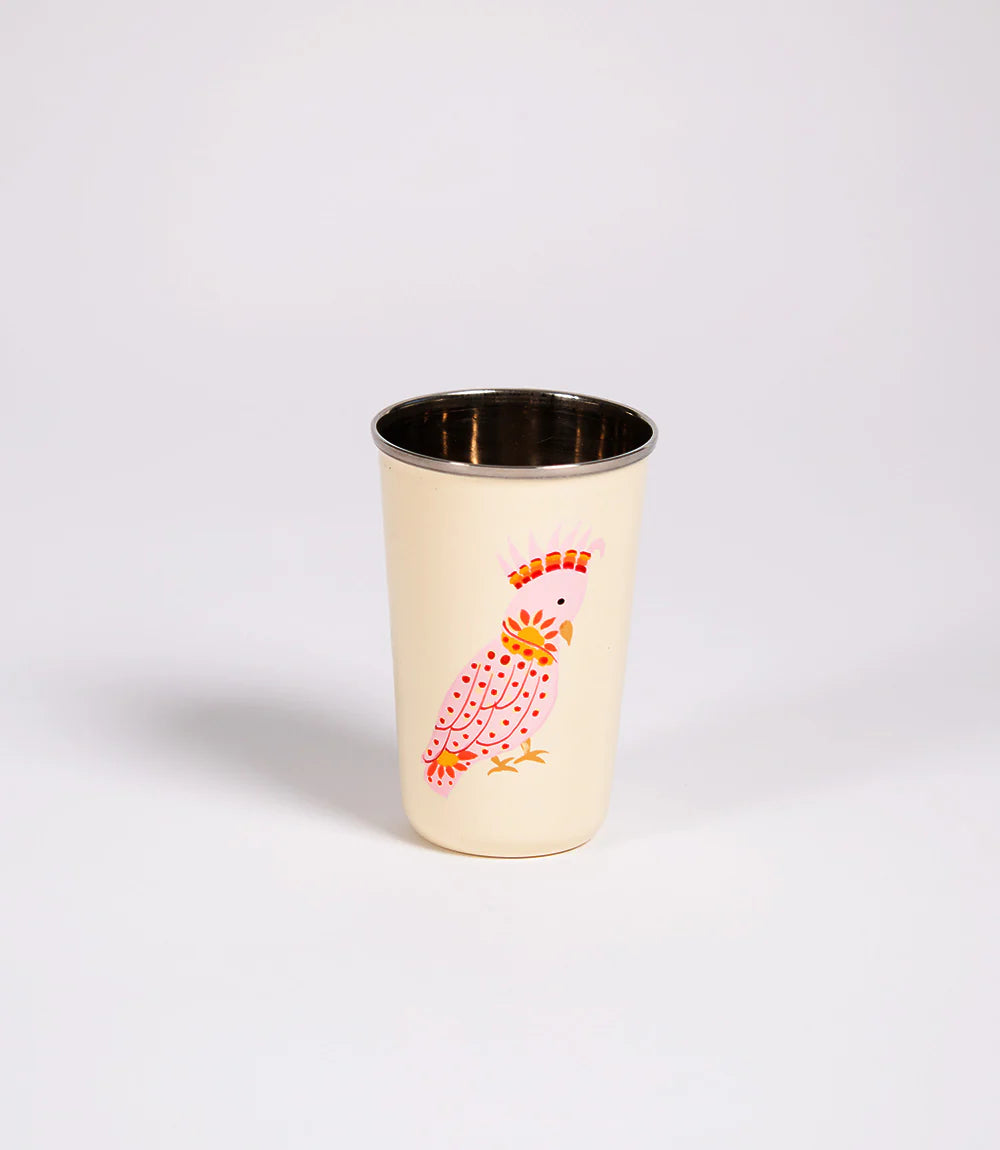Pink Cockatoo Steel Cup – Hand Painted Fair Trade Beverage Tumbler (India)