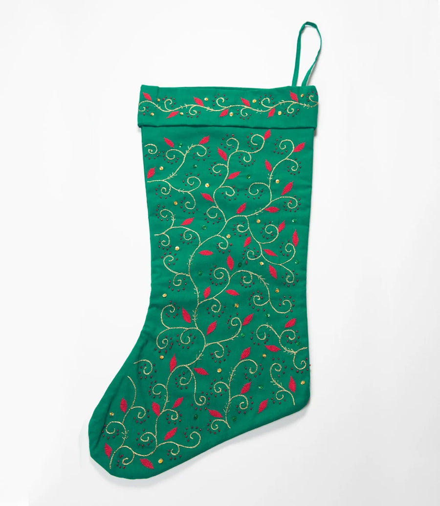 Hand Embroidered Christmas Stocking – Fair Trade Cotton Christmas Decoration (India)