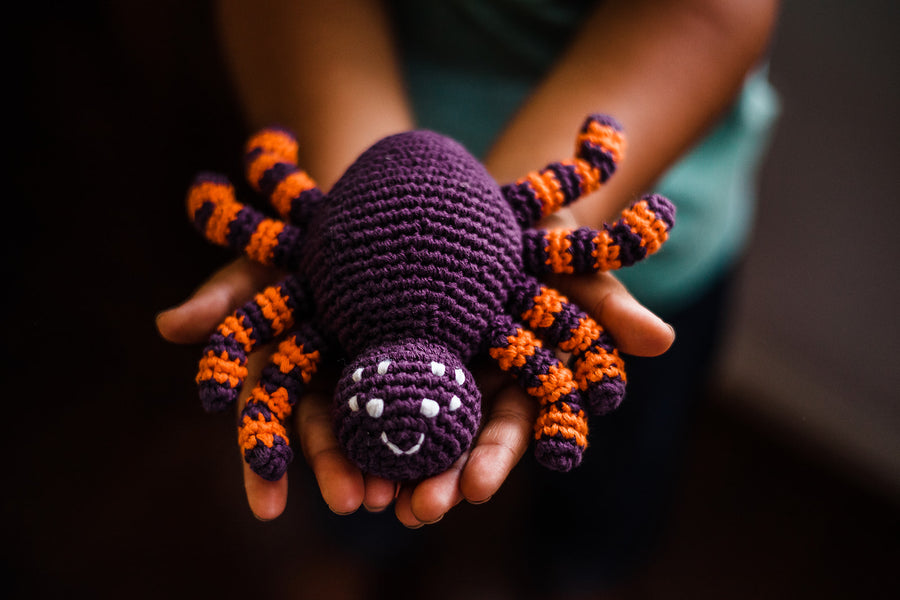 Spider Rattle – Handmade Organic Cotton Purple Baby Toy - Pebble