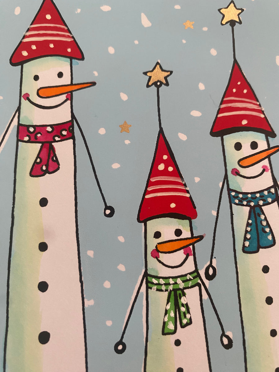 playful Christmas card featuring three tall, cheeky snow people with big smiles and fun personalities. Standing together in the snow, they look ready for Christmas mischief and joy