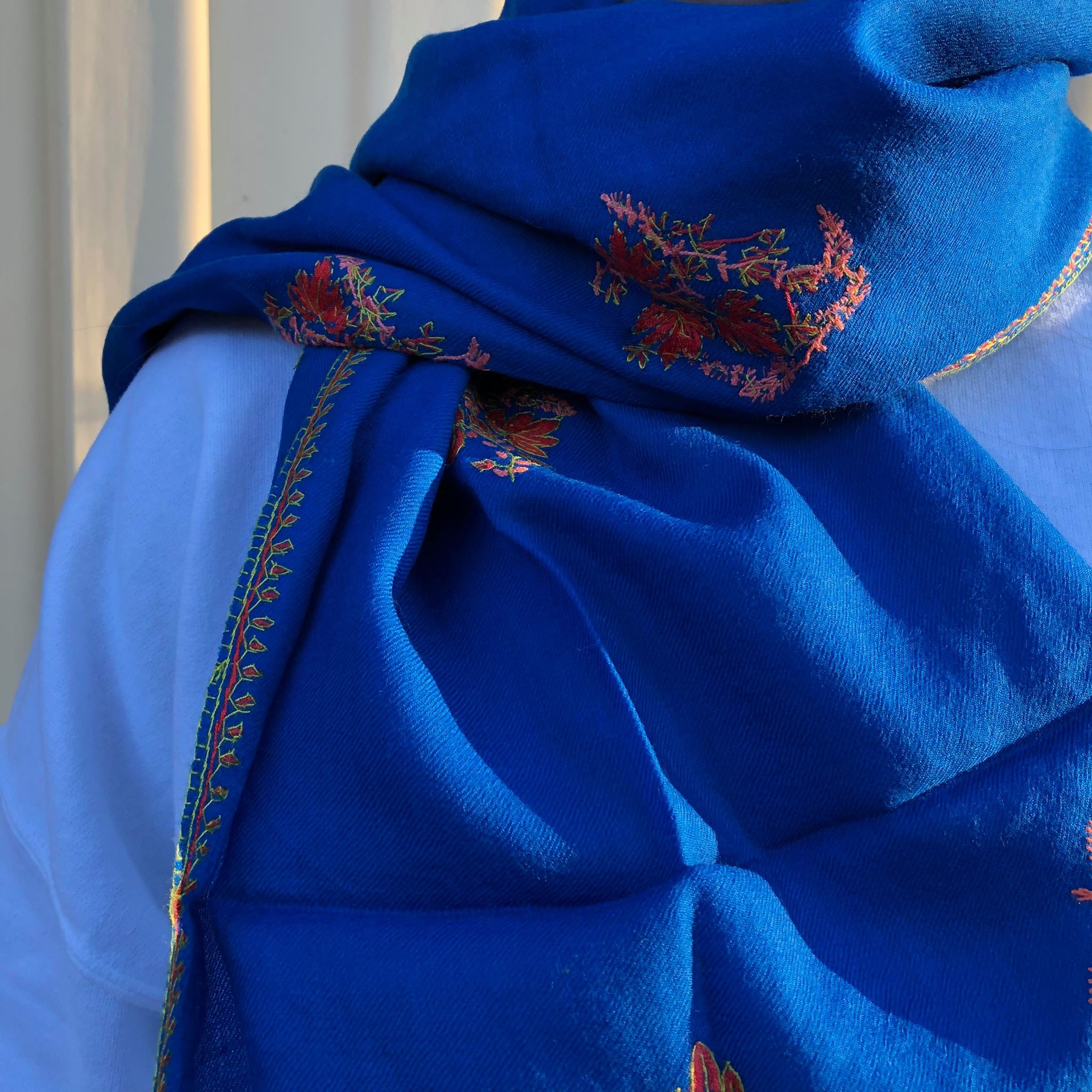 Fair Trade Embroidered Wool Shawl/Stole/Scarf (Blue Flower)