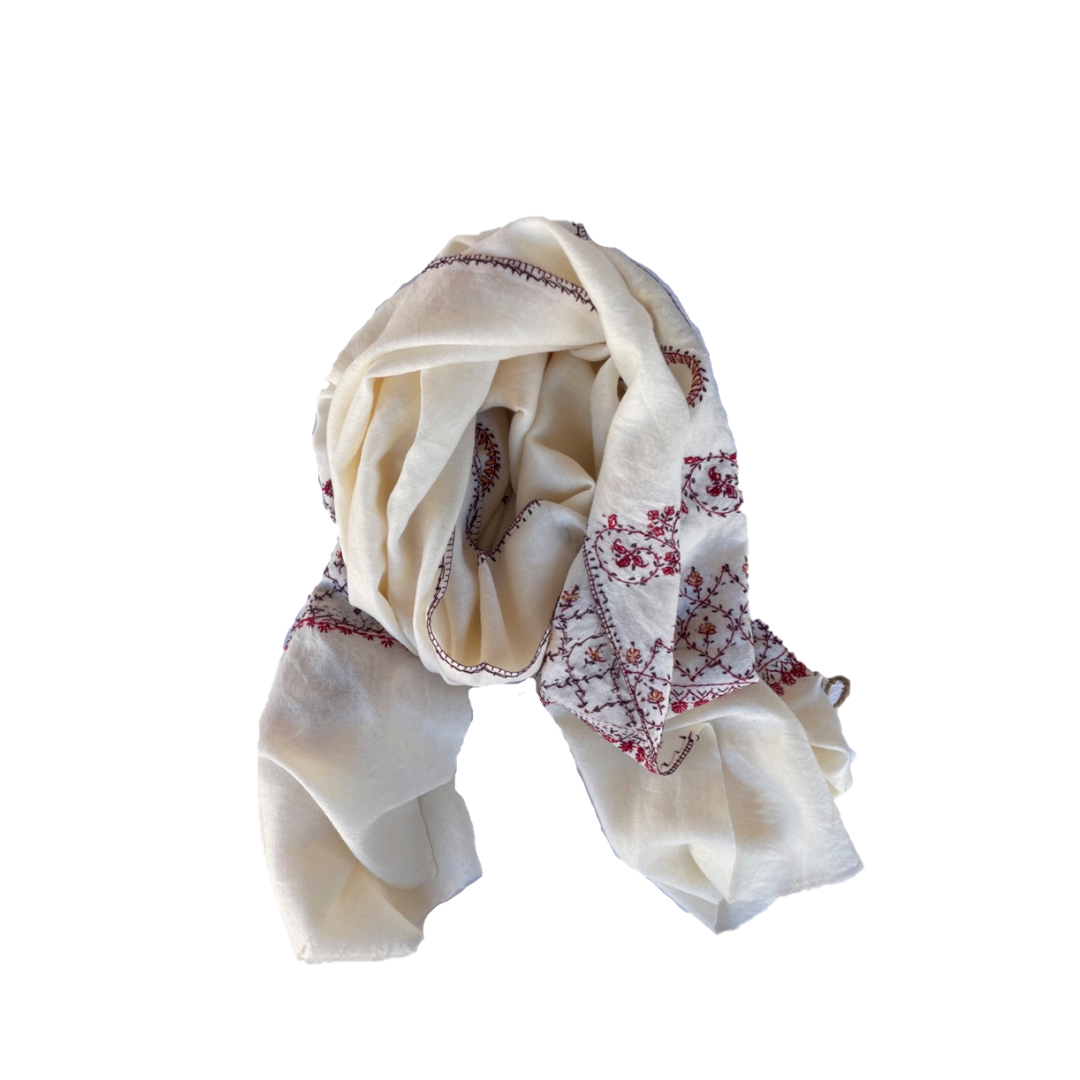 Fair Trade Embroidered Wool Shawl/Stole/Scarf (White Paisley)