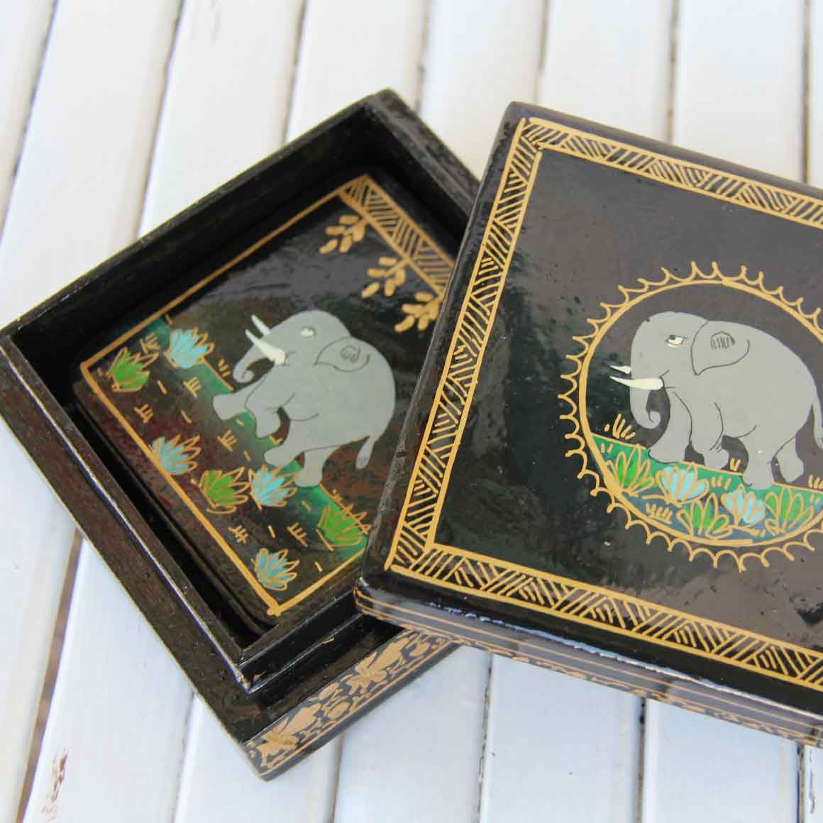 Fair Trade Ethical Homewares and Decoration Square Wooden Coaster Set Elephant Black