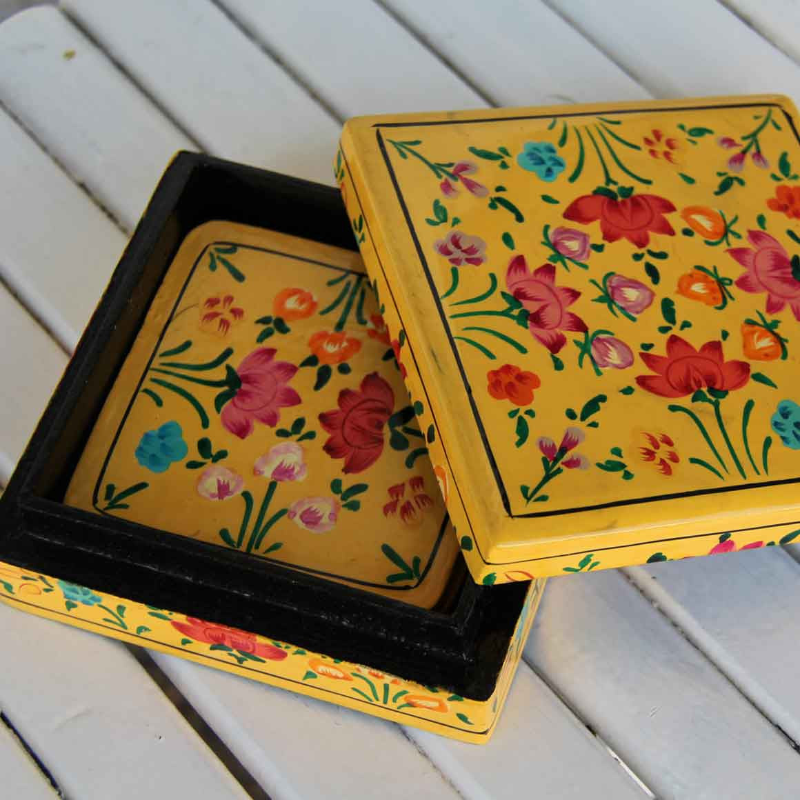 Fair Trade Ethical Homewares and Decoration Square Wooden Coaster Set Yellow Flowers