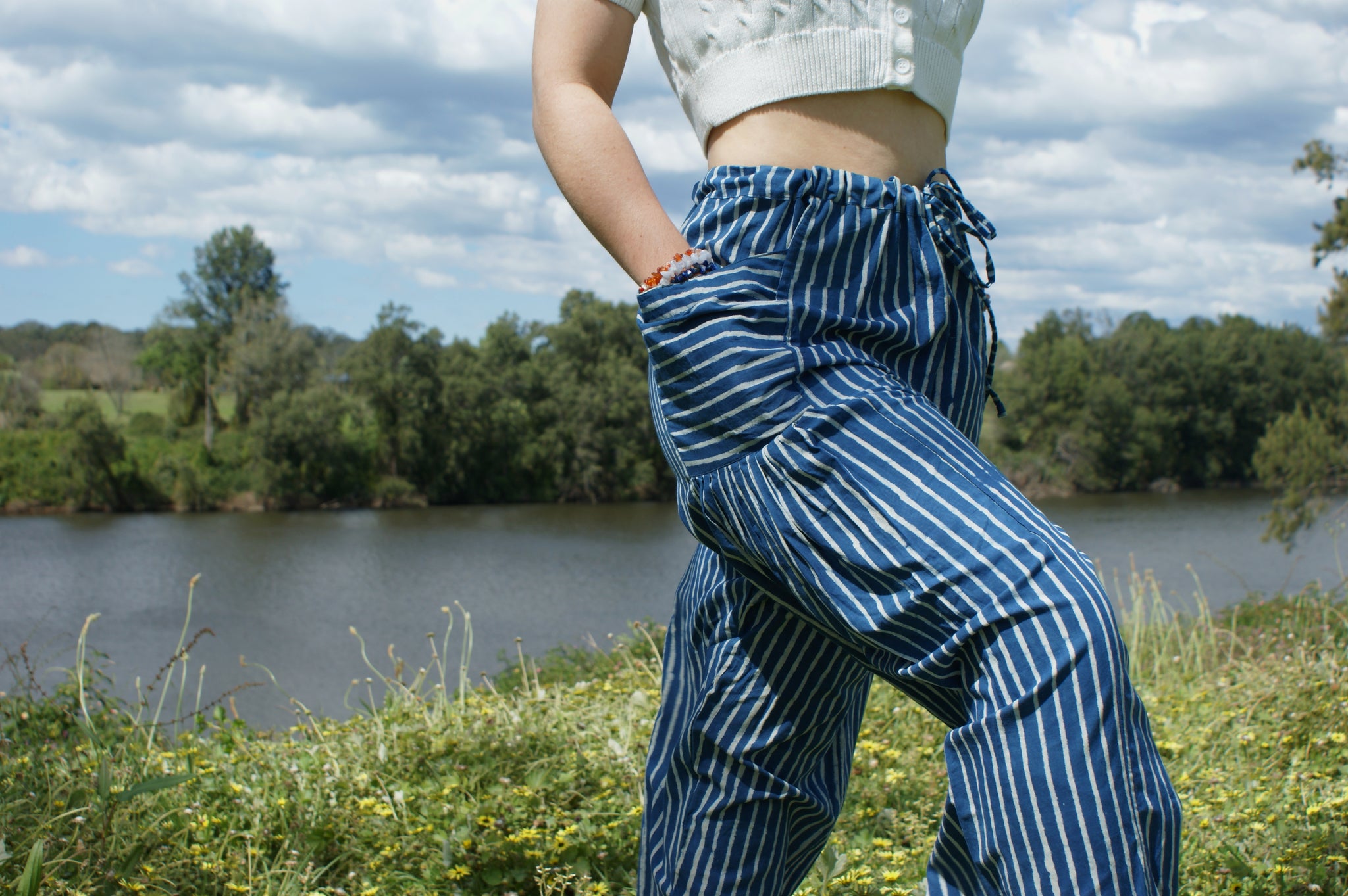 Fair Trade Ethical  Striped Cotton Pants with Pleats - Blue