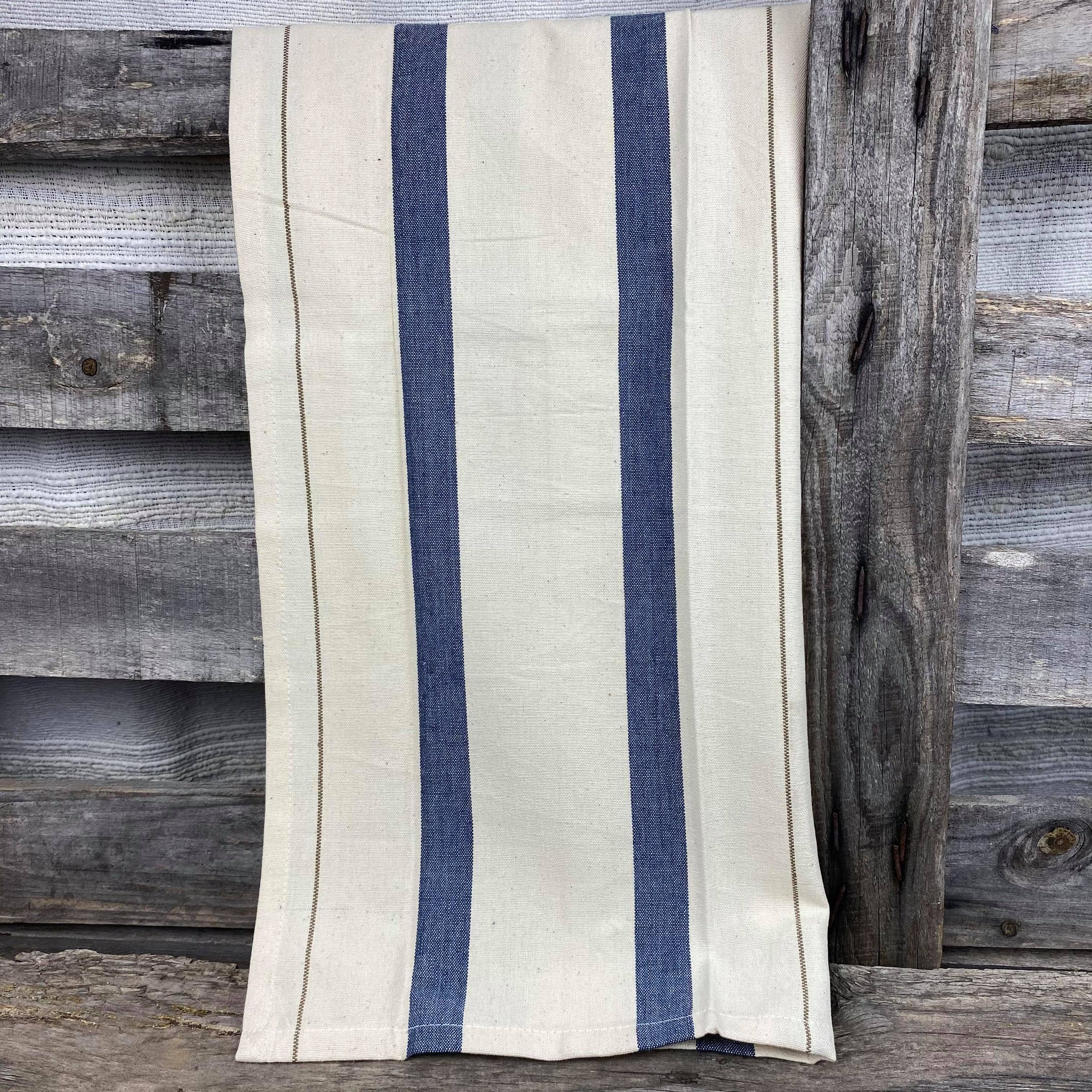 Fair trade ethical handwoven striped cotton tea towels in deep blue