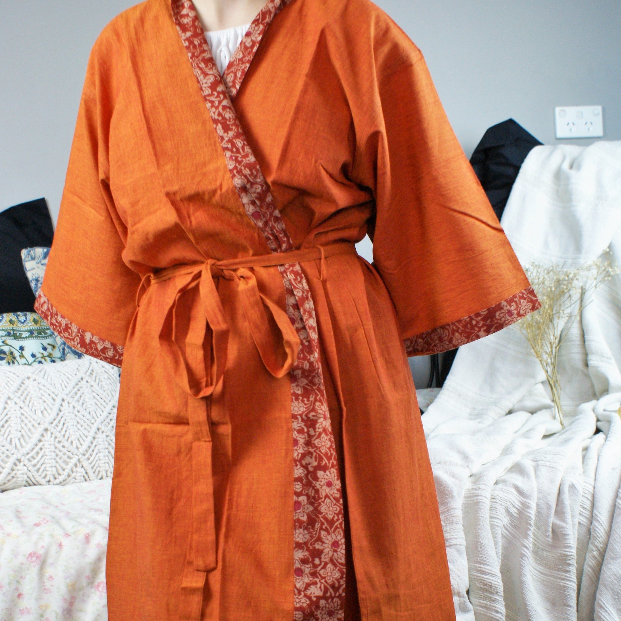 Fair Trade Ethical Cotton Robe Orange With Flowers