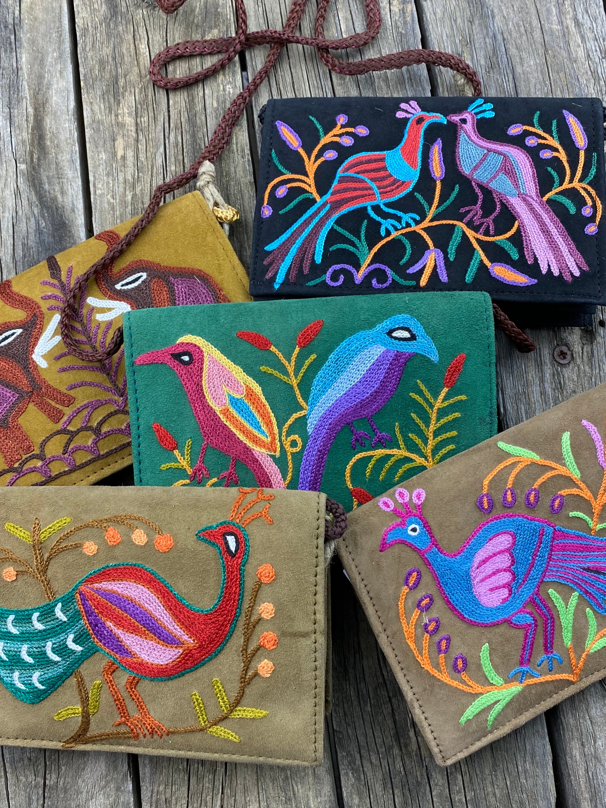 Fair Trade Ethical Embroidered Suede Bird and Animal Design Handbag-Assorted