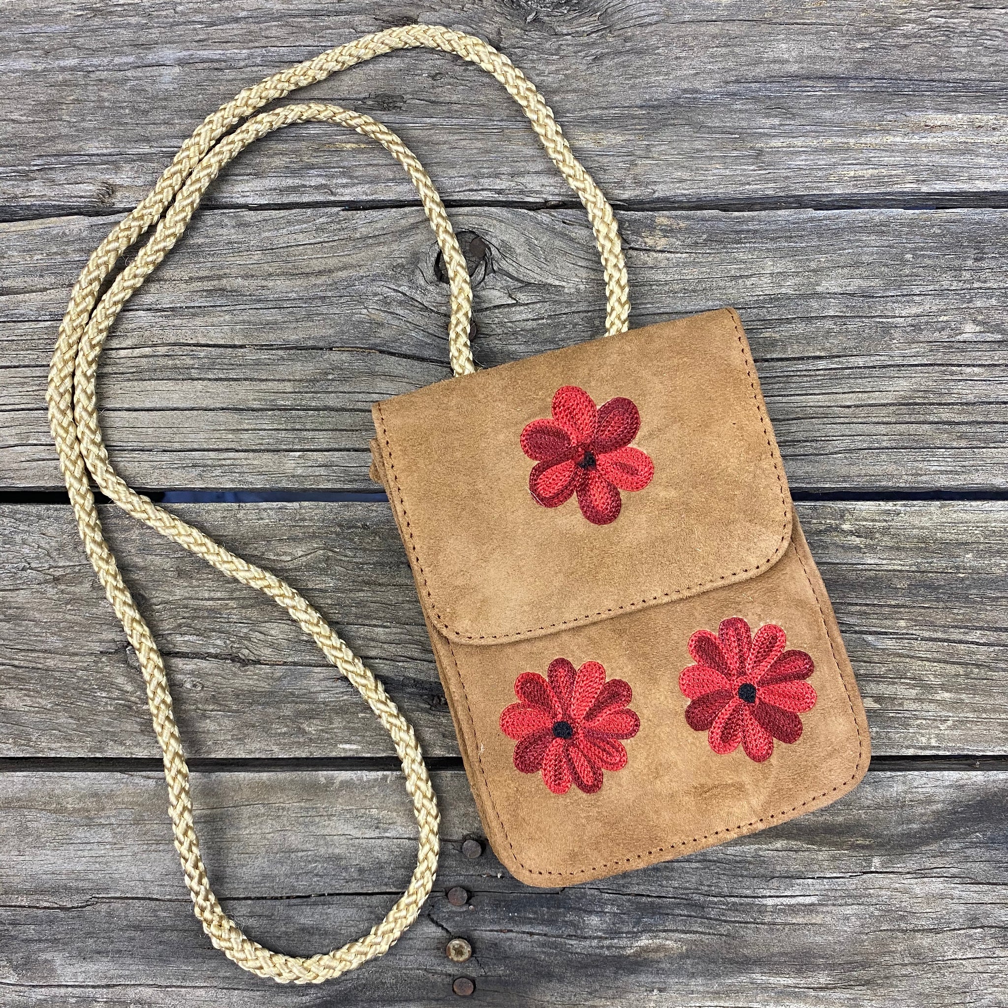 Fair Trade Ethical Suede Embroidered Mobile Bag -Brown