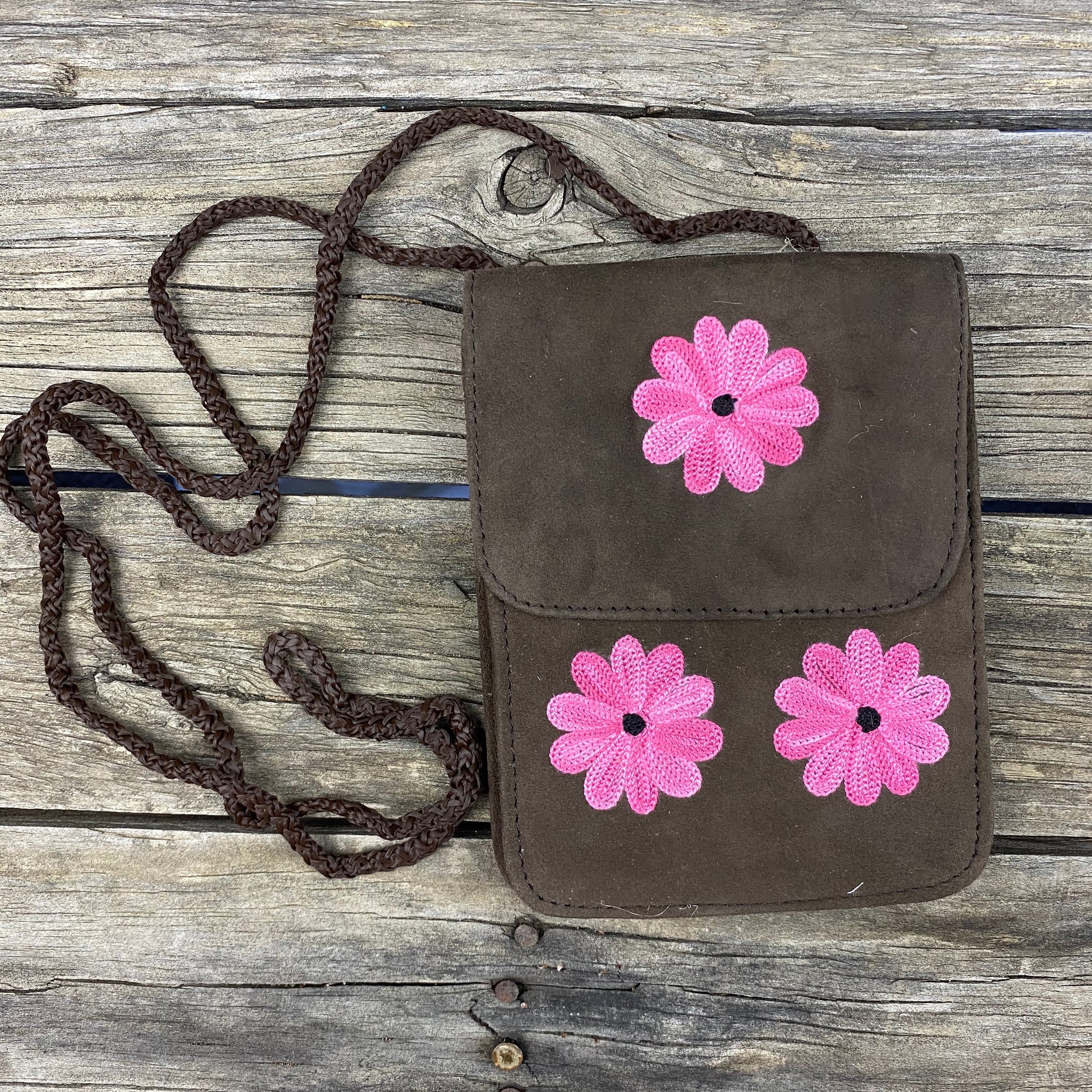 Fair Trade Ethical Embroidered Suede Mobile Bag -Dark Brown