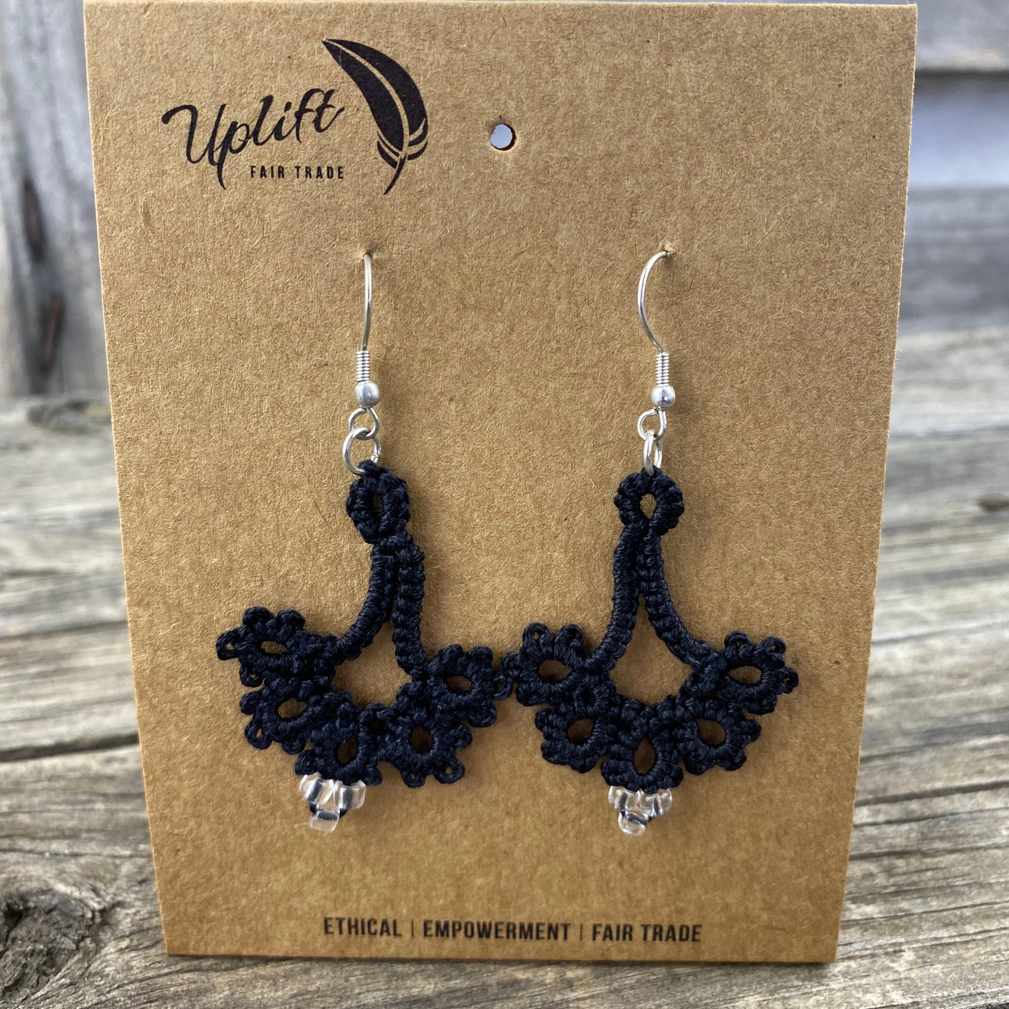 Black  fan-shaped tatted earrings with 3 small beads. 