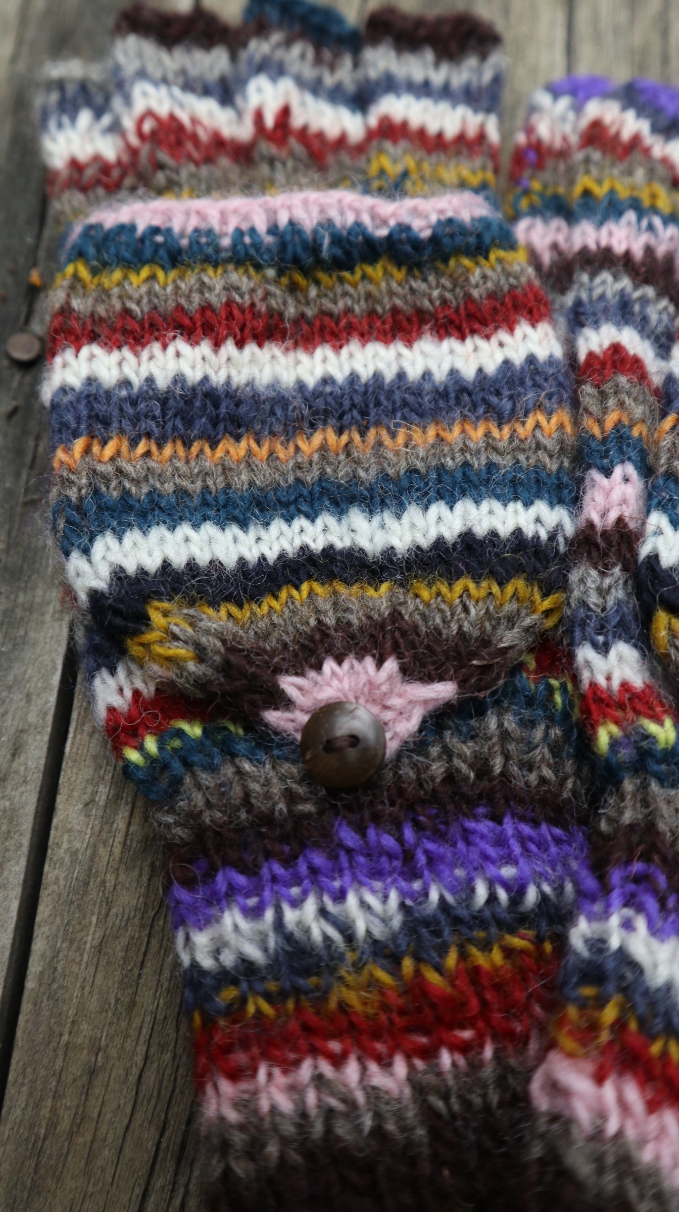 Fair Trade Ethical Adult Fingerless Gloves with Cap in Striped Brown Designs
