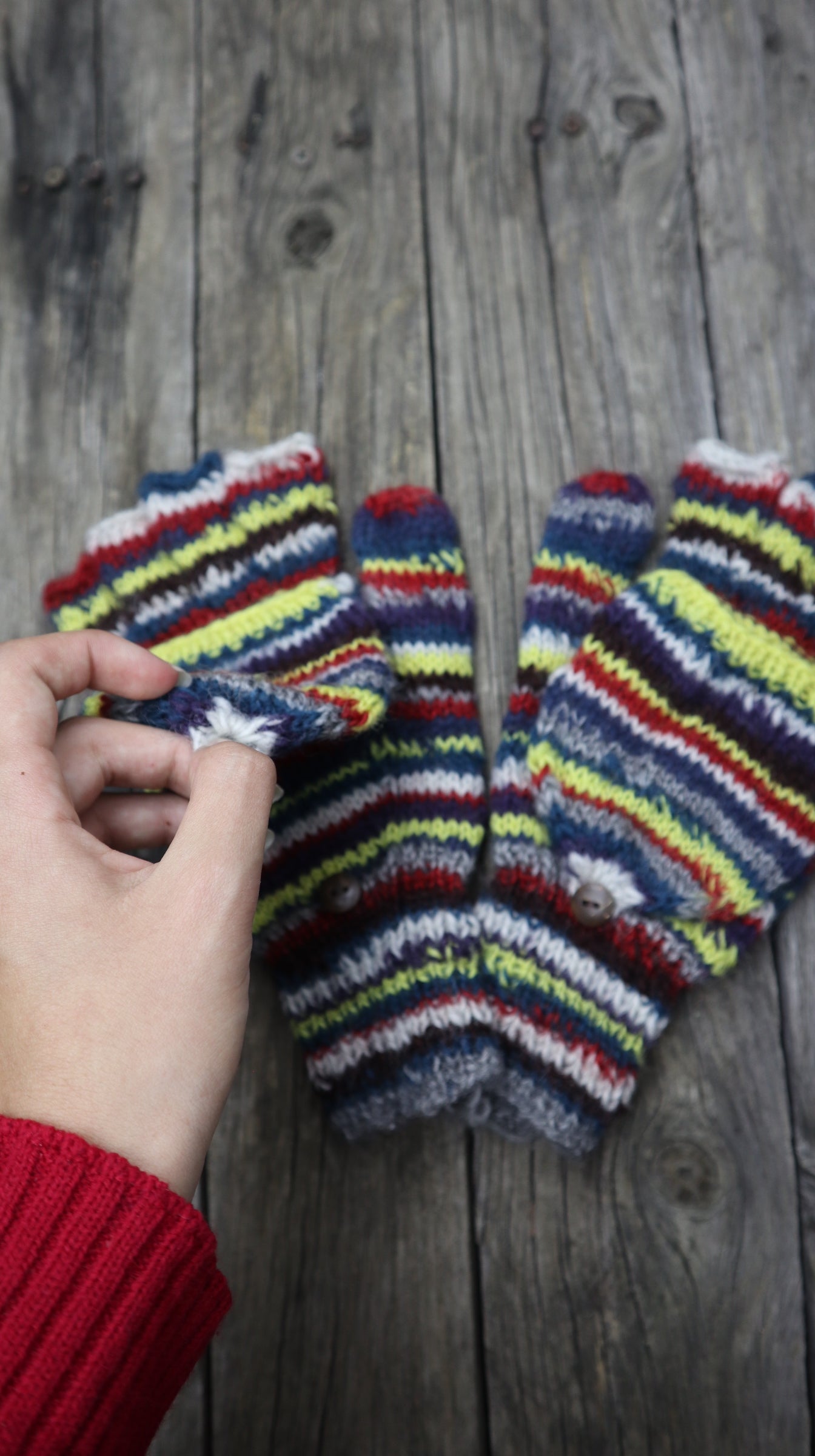 Fair Trade Ethical Adult Fingerless Gloves with Cap in Striped Design Yellows