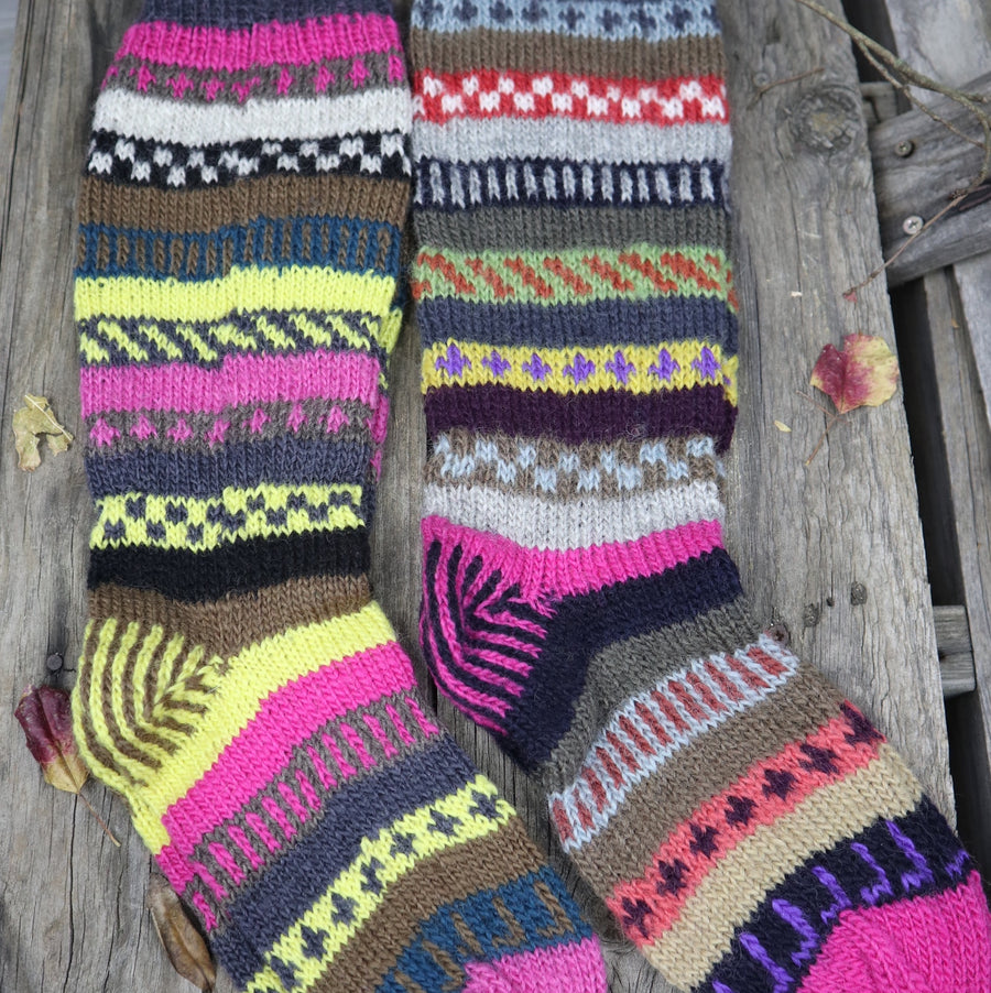 Fair Trade Ethical Long Patterned Wool Socks in Pink, Purple, yellow
