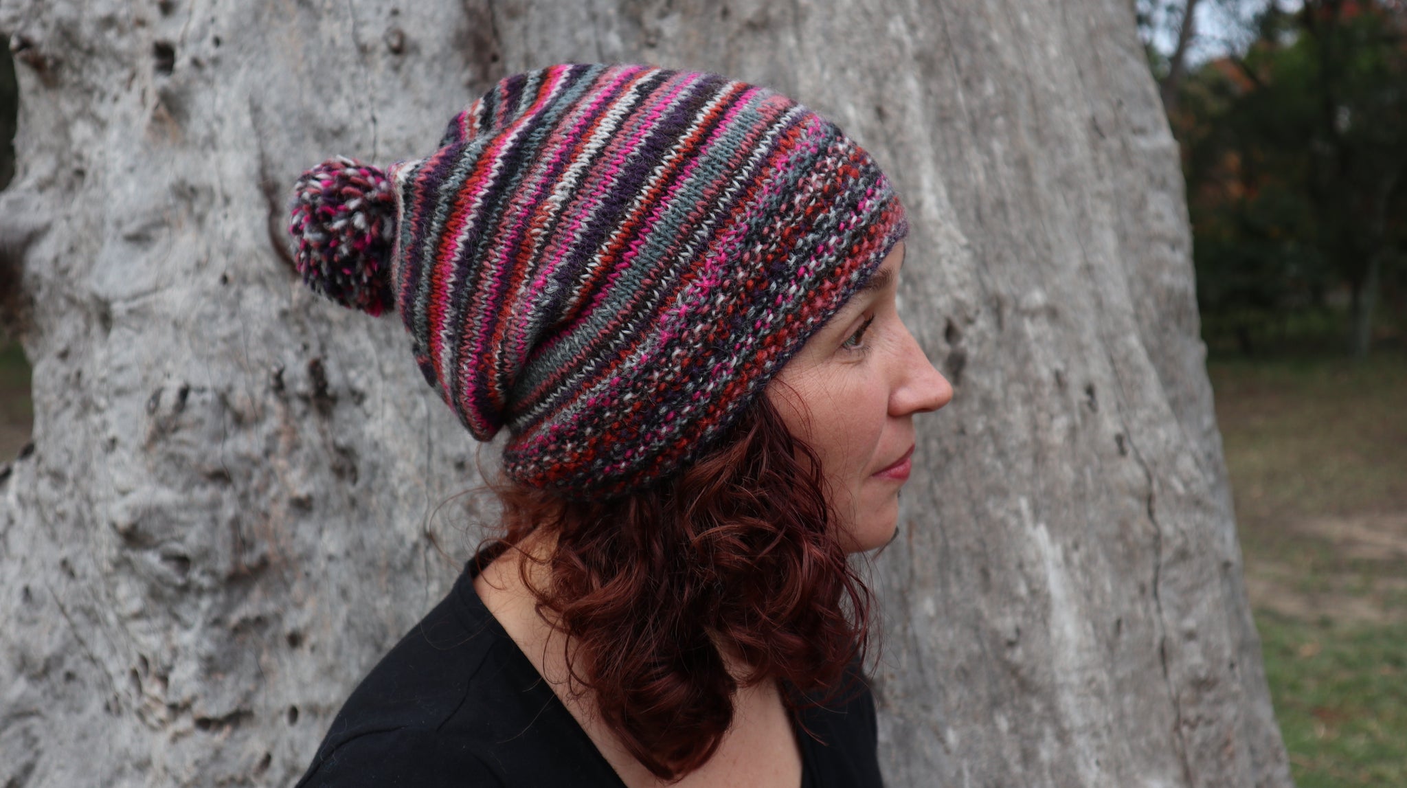 Fair Trade Ethical Woollen Beanie in Striped Multi Coloured Design with Pom Pom