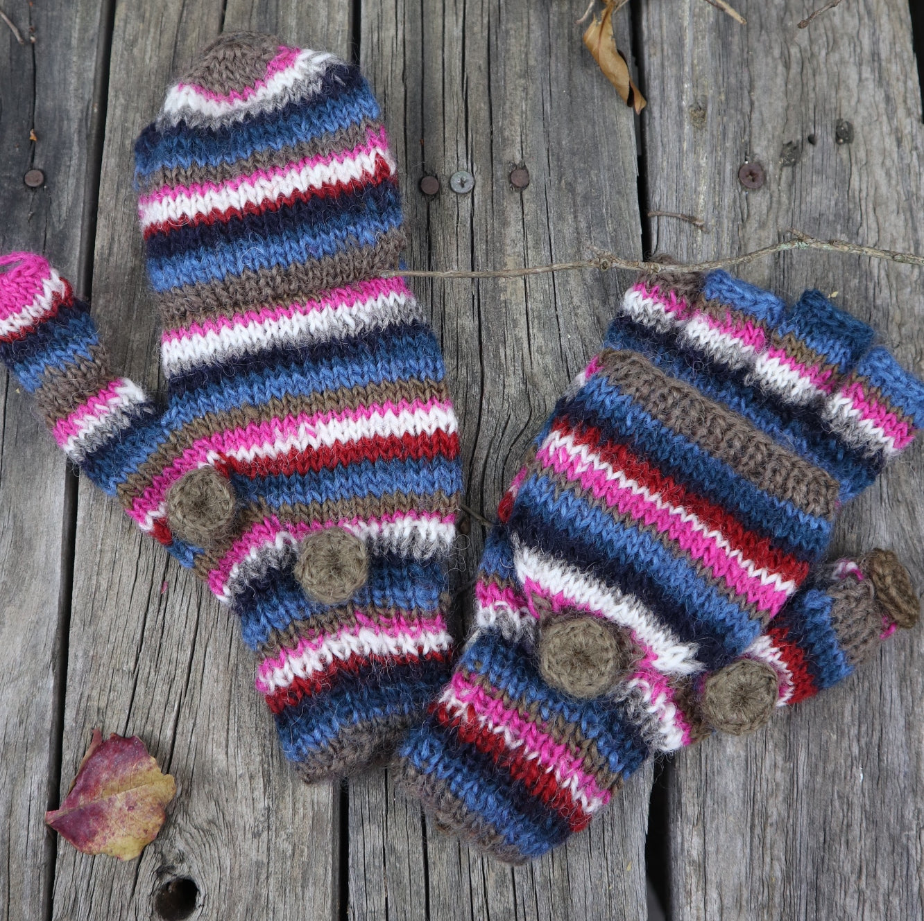 Fair Trade Ethical Children's Striped Fingerless Gloves with Cap in Pink, Brown and Black