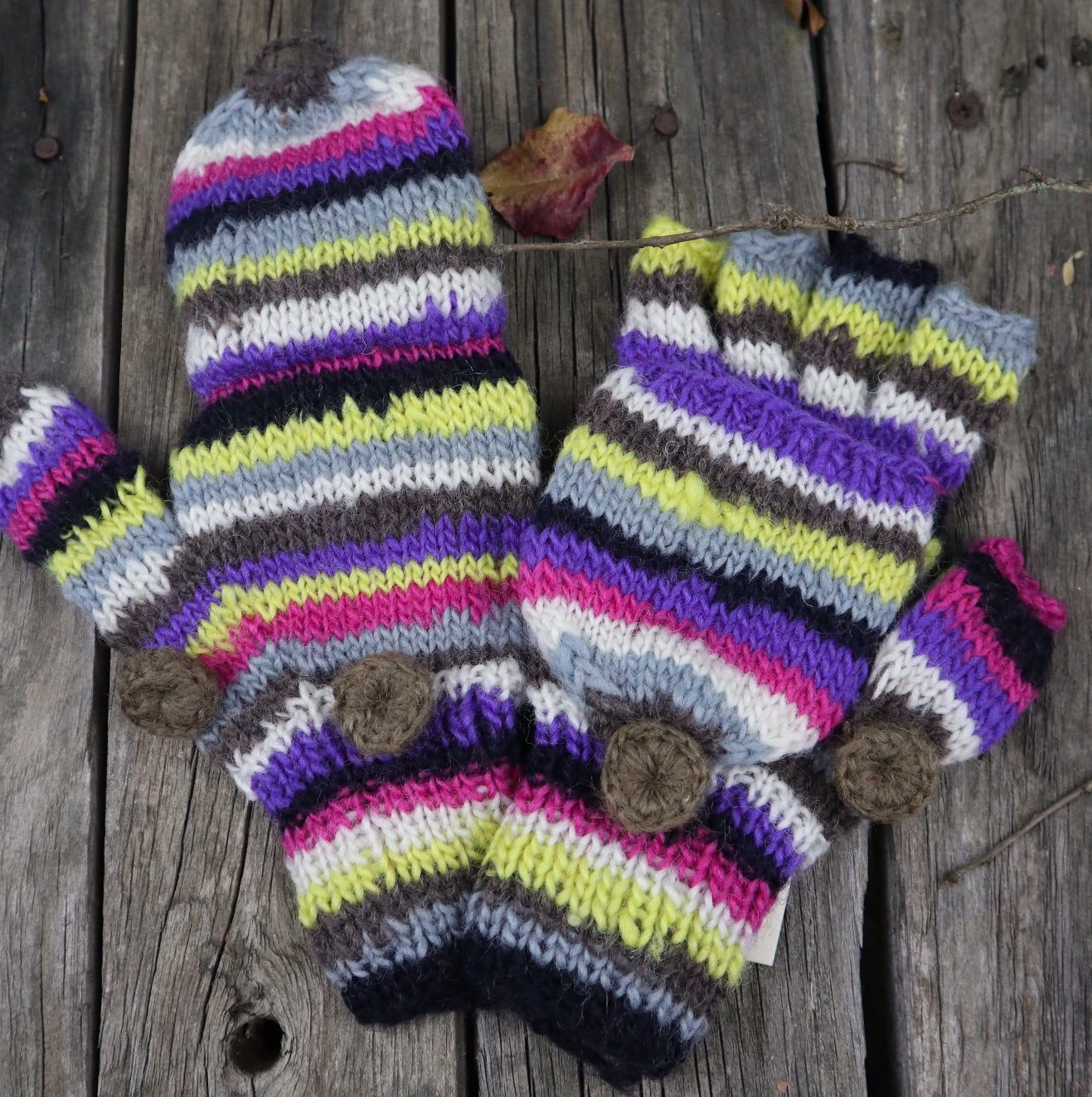 Fair Trade Ethical Children's Striped Fingerless Gloves with Cap in Pink Purple, Yellow and Grey