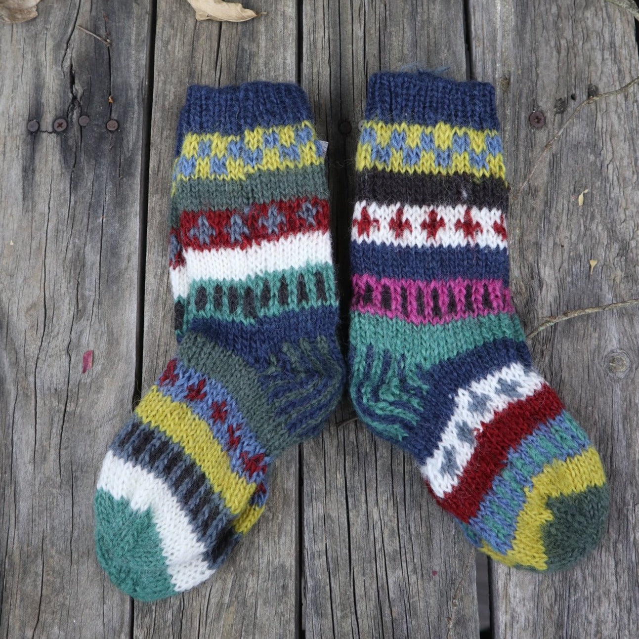Fair Trade Ethical Children's Patterned Woollen Socks in Green, Brown and Red